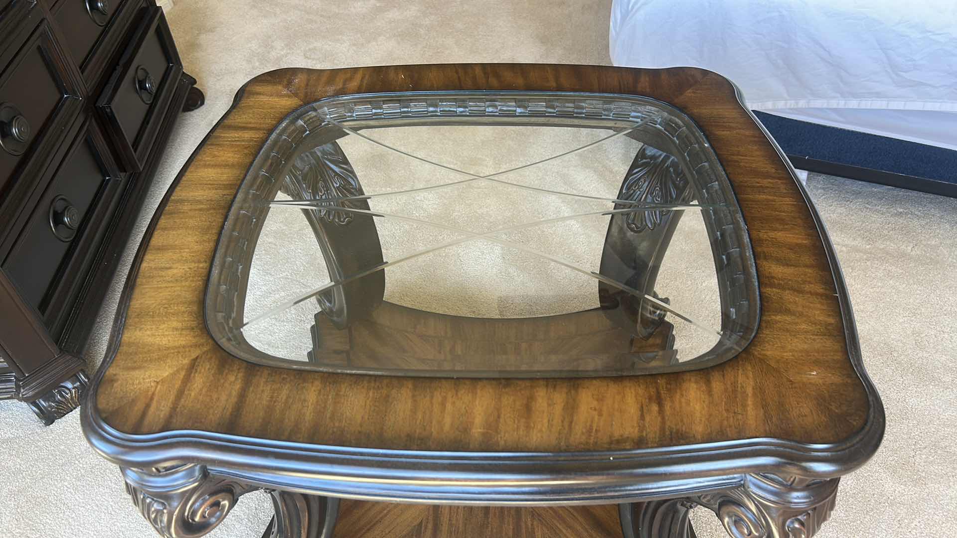 Photo 1 of KIDNEY SHAPED SOLID WOOD SIDE TABLE WITH ETCHED GLASS INSERT TOP 31” x 27 1/2” x H23”