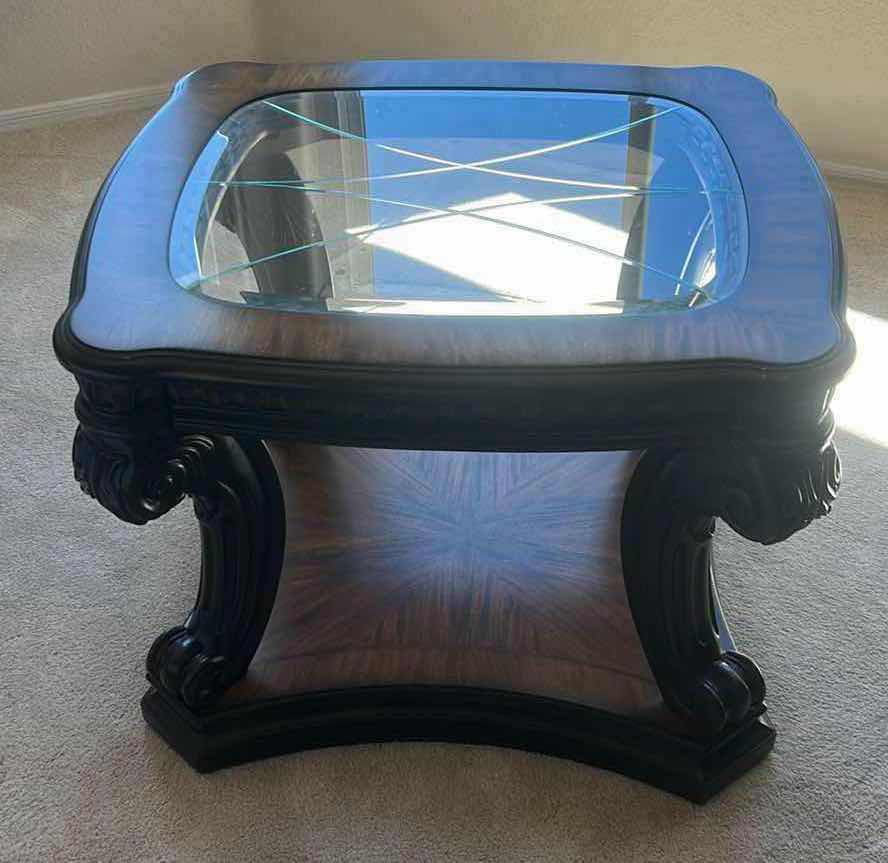 Photo 1 of KIDNEY SHAPED SOLID WOOD SIDE TABLE WITH ETCHED GLASS INSERT TOP 31” x 27 1/2” x H23”