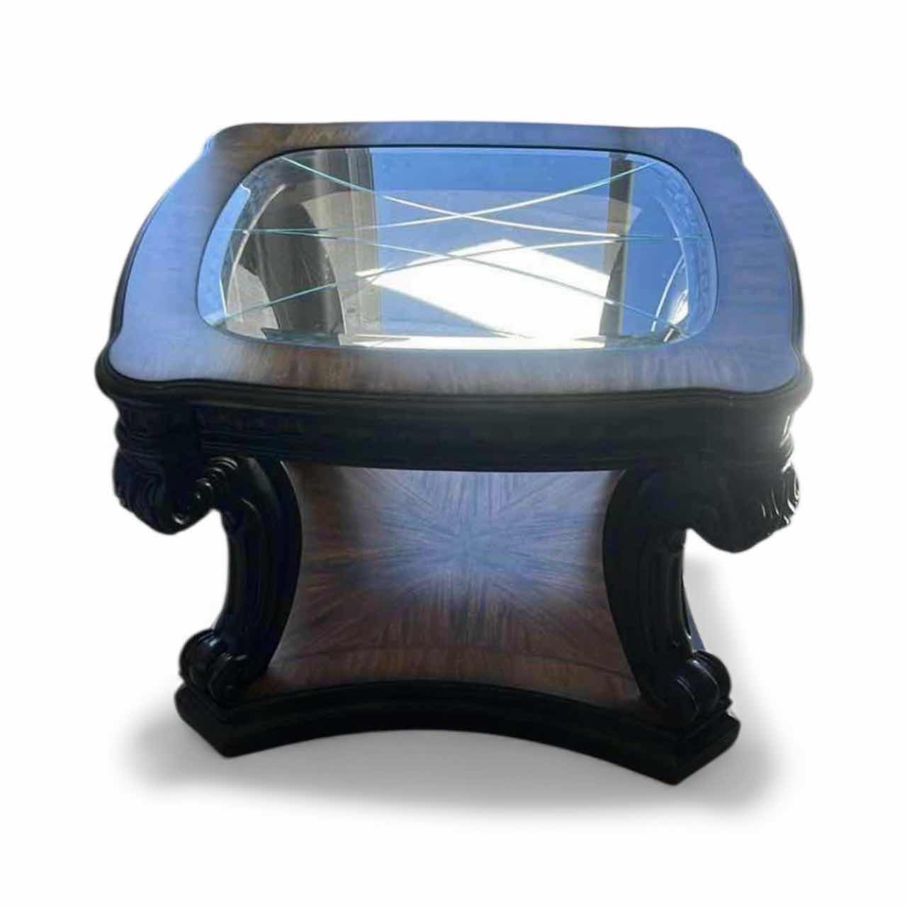 Photo 1 of KIDNEY SHAPED SOLID WOOD SIDE TABLE WITH ETCHED GLASS INSERT TOP 31” x 27 1/2” x H23”
