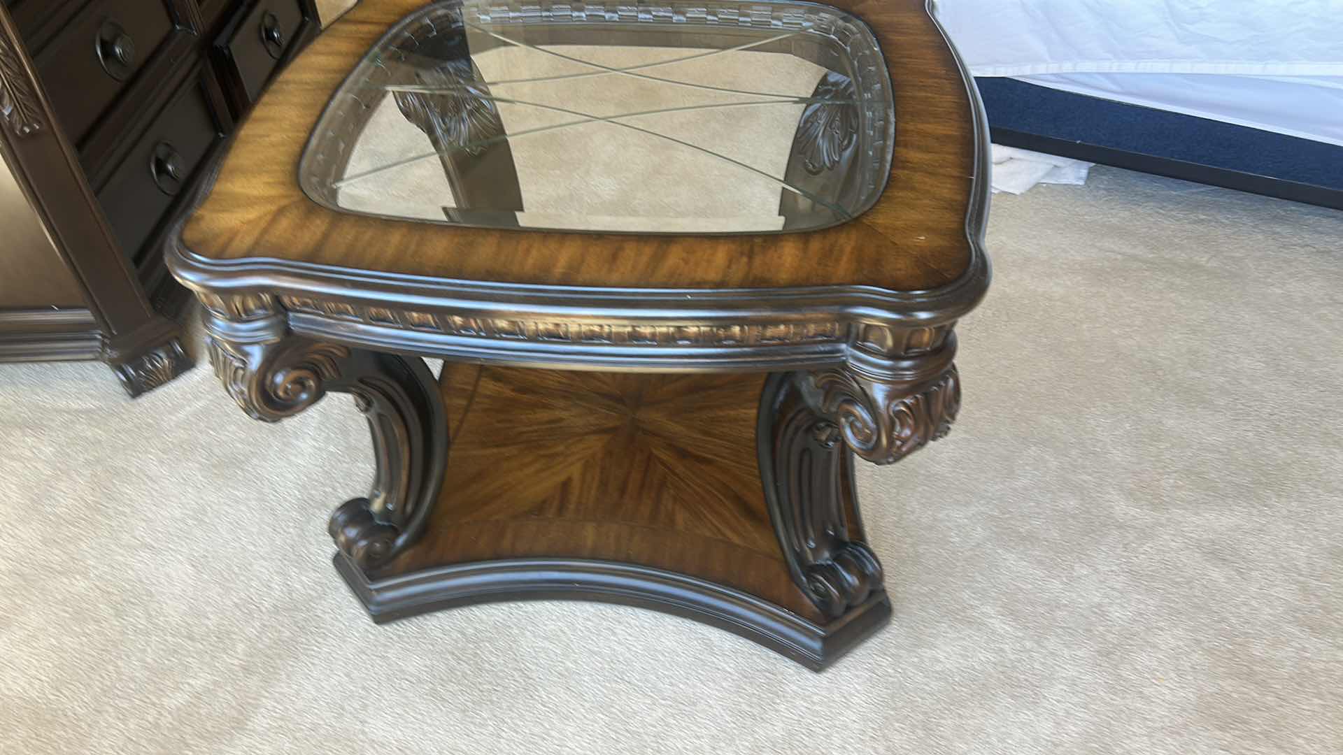 Photo 1 of KIDNEY SHAPED SOLID WOOD SIDE TABLE WITH ETCHED GLASS INSERT TOP 31” x 27 1/2” x H23”