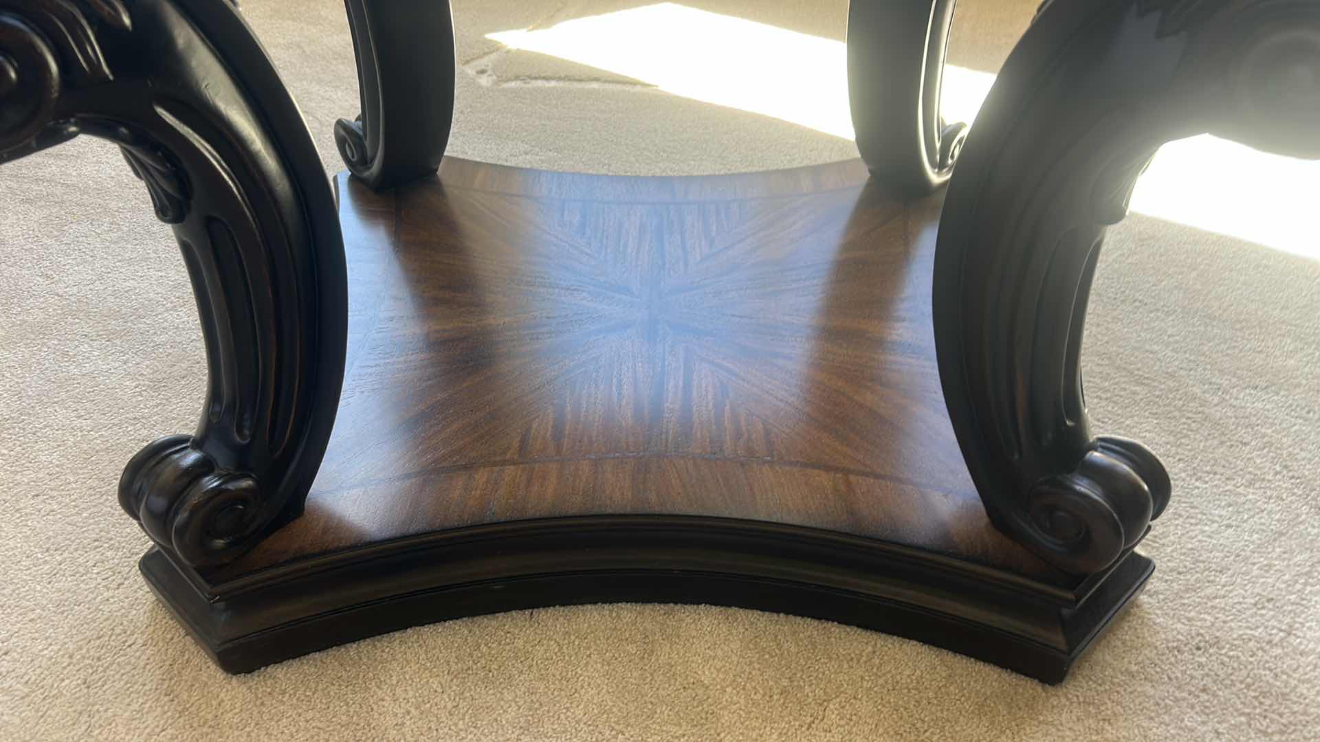 Photo 1 of KIDNEY SHAPED SOLID WOOD SIDE TABLE WITH ETCHED GLASS INSERT TOP 31” x 27 1/2” x H23”