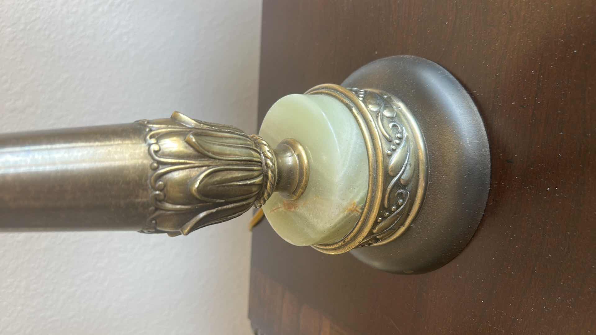 Photo 1 of VINTAGE BRASS LAMP 
WITH ORNATE FLORAL DETAILING. BELL SHAPED LINEN SHADE, ROUND GREEN ONYX STONE ACCENT  H28”