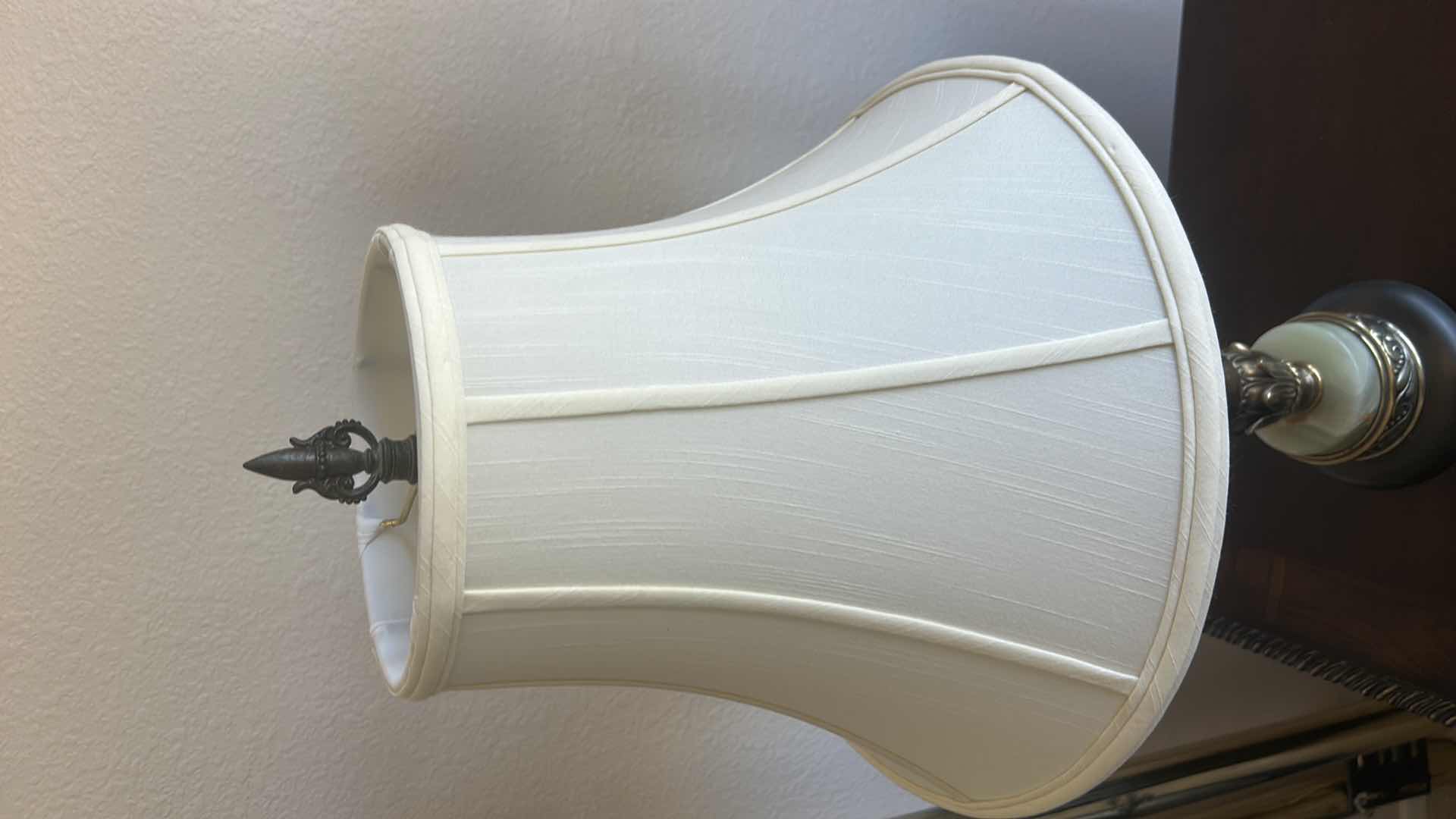 Photo 1 of VINTAGE BRASS LAMP 
WITH ORNATE FLORAL DETAILING. BELL SHAPED LINEN SHADE, ROUND GREEN ONYX STONE ACCENT  H28”