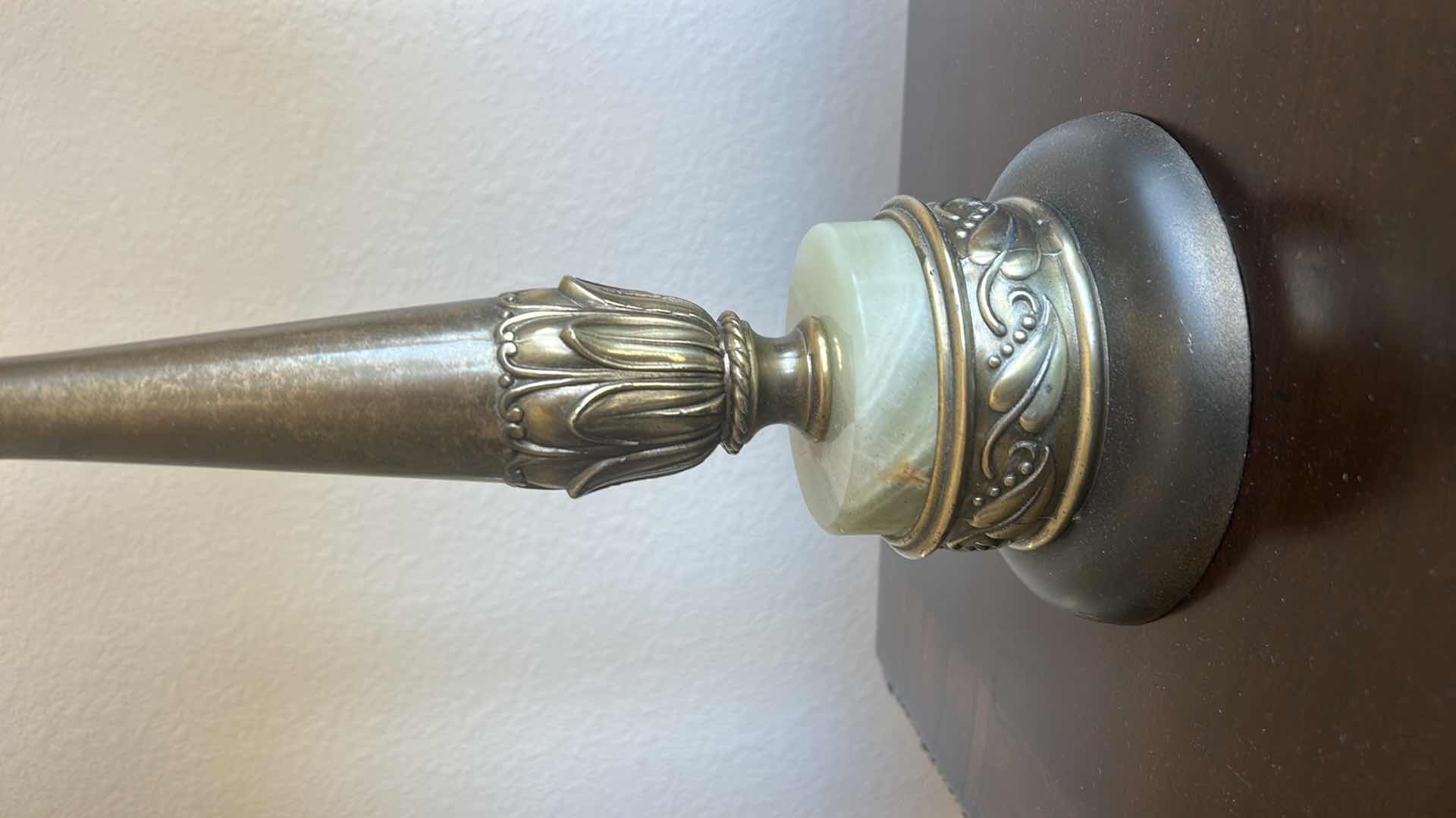 Photo 1 of VINTAGE BRASS LAMP 
WITH ORNATE FLORAL DETAILING. BELL SHAPED LINEN SHADE, ROUND GREEN ONYX STONE ACCENT  H28”