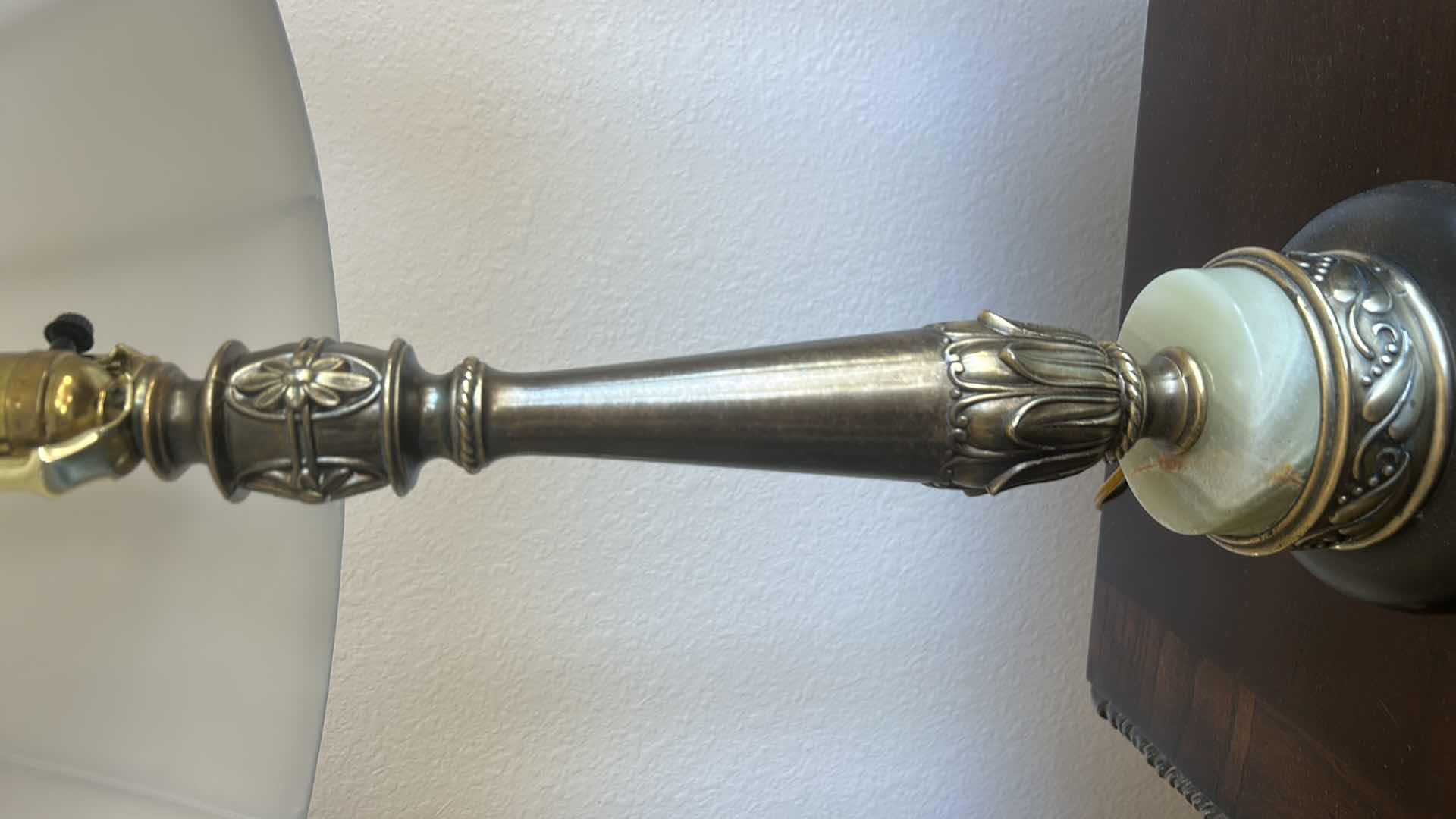 Photo 1 of VINTAGE BRASS LAMP 
WITH ORNATE FLORAL DETAILING. BELL SHAPED LINEN SHADE, ROUND GREEN ONYX STONE ACCENT  H28”