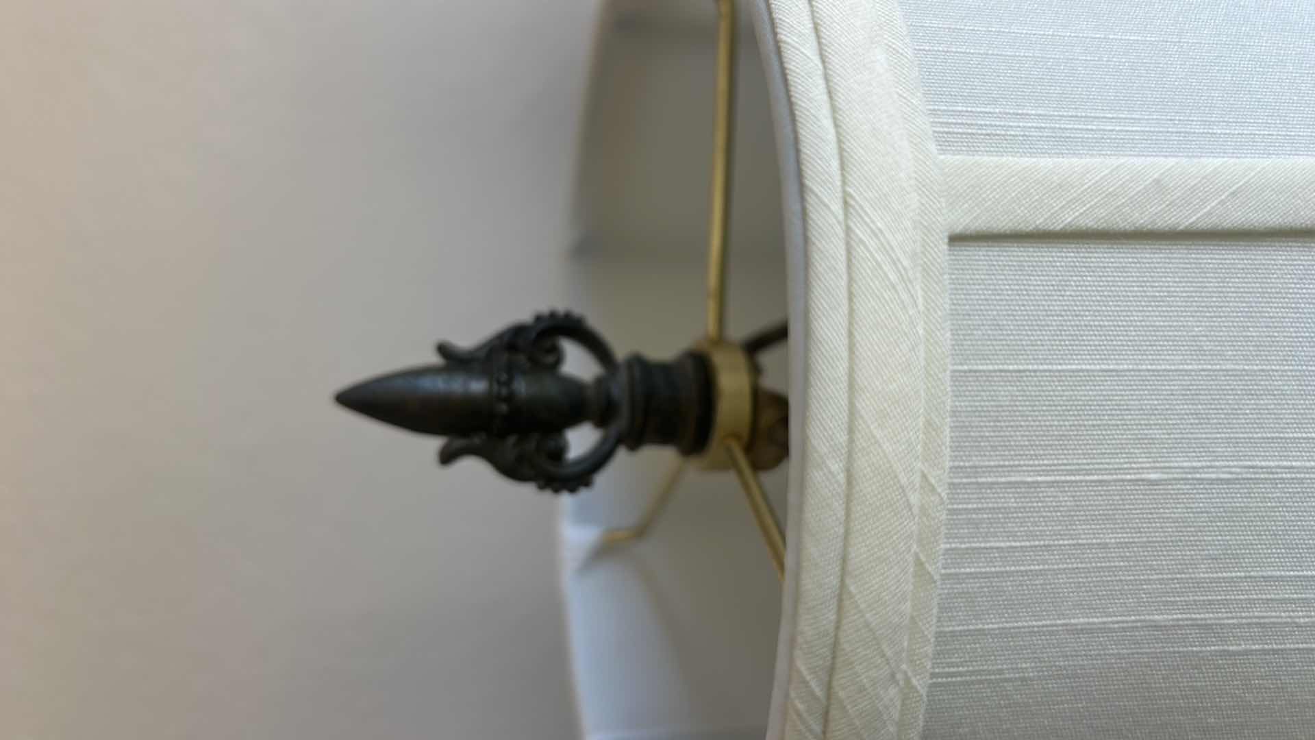 Photo 1 of VINTAGE BRASS LAMP 
WITH ORNATE FLORAL DETAILING. BELL SHAPED LINEN SHADE, ROUND GREEN ONYX STONE ACCENT  H28”