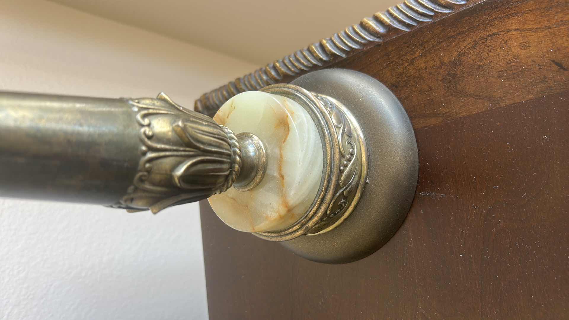 Photo 1 of VINTAGE BRASS LAMP 
WITH ORNATE FLORAL DETAILING. BELL SHAPED LINEN SHADE, ROUND GREEN ONYX STONE ACCENT  H28”