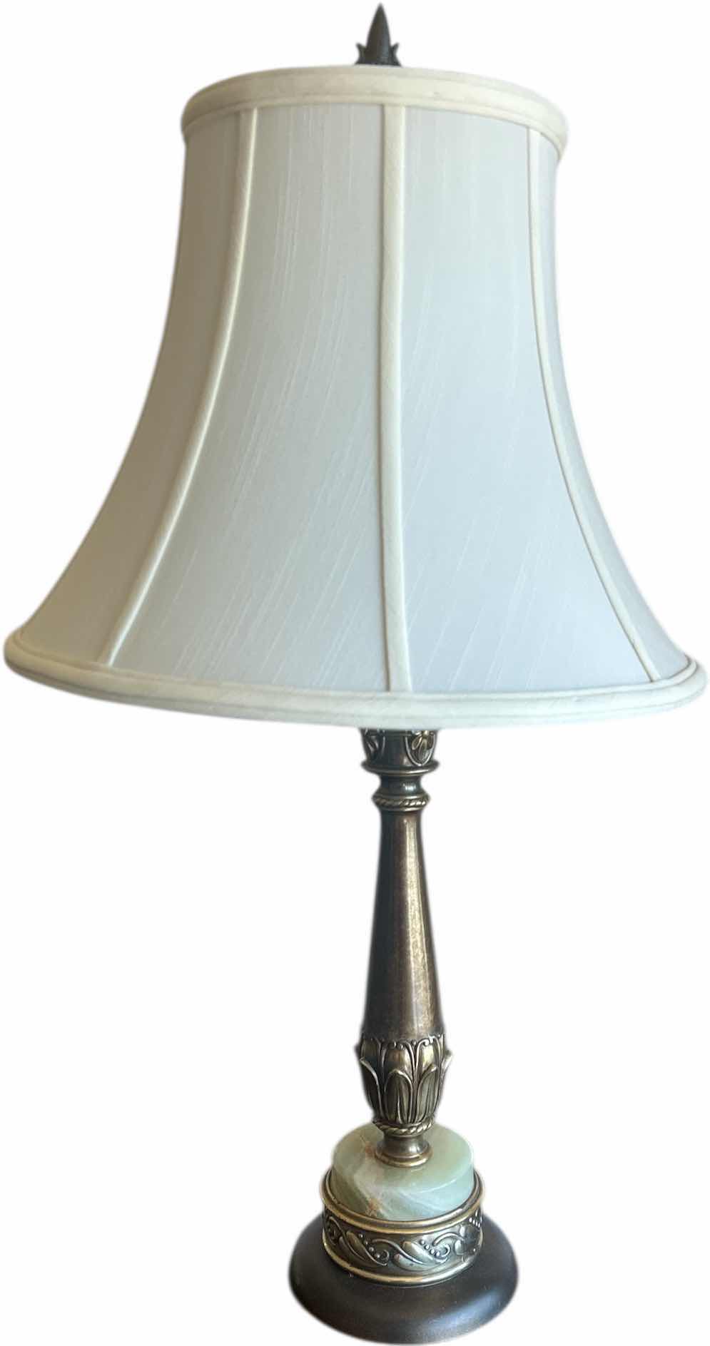Photo 1 of VINTAGE BRASS LAMP 
WITH ORNATE FLORAL DETAILING. BELL SHAPED LINEN SHADE, ROUND GREEN ONYX STONE ACCENT  H28”