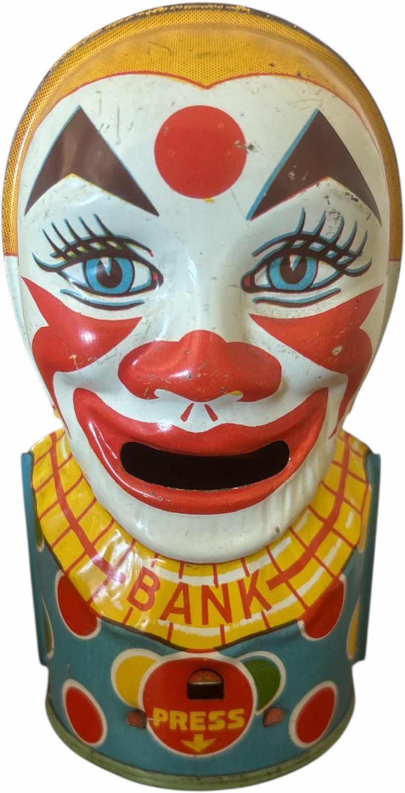 Photo 1 of VINTAGE 1930S SCARY TIN MECHANICAL CLOWN BANK WITH STOPPER. WORKING. H5.5”
