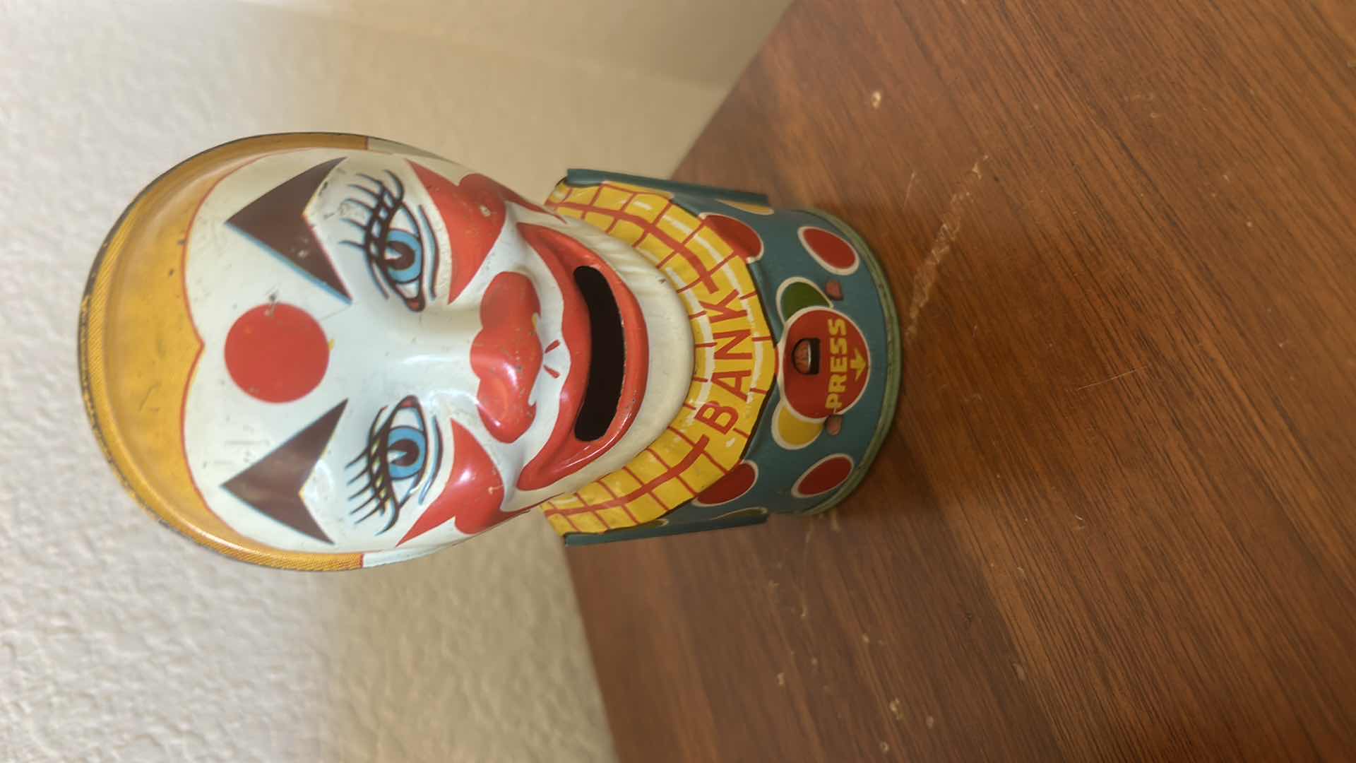 Photo 1 of VINTAGE 1930S SCARY TIN MECHANICAL CLOWN BANK WITH STOPPER. WORKING. H5.5”