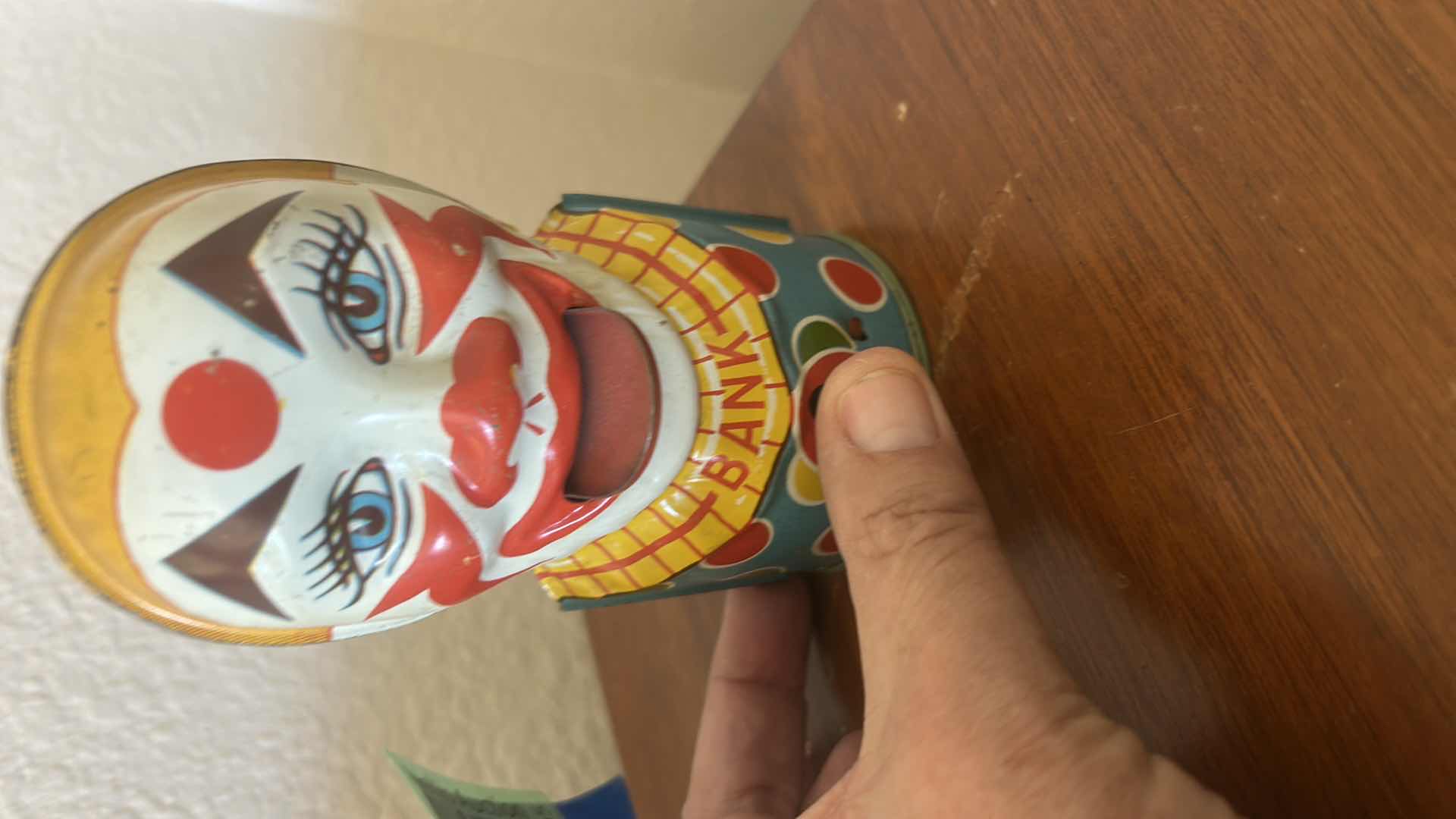 Photo 1 of VINTAGE 1930S SCARY TIN MECHANICAL CLOWN BANK WITH STOPPER. WORKING. H5.5”