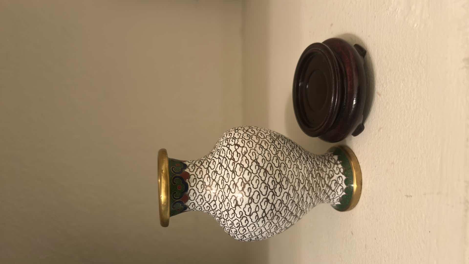 Photo 1 of MINIATURE ENAMEL OVER BRASS VASE H4” ON WOOD STAND