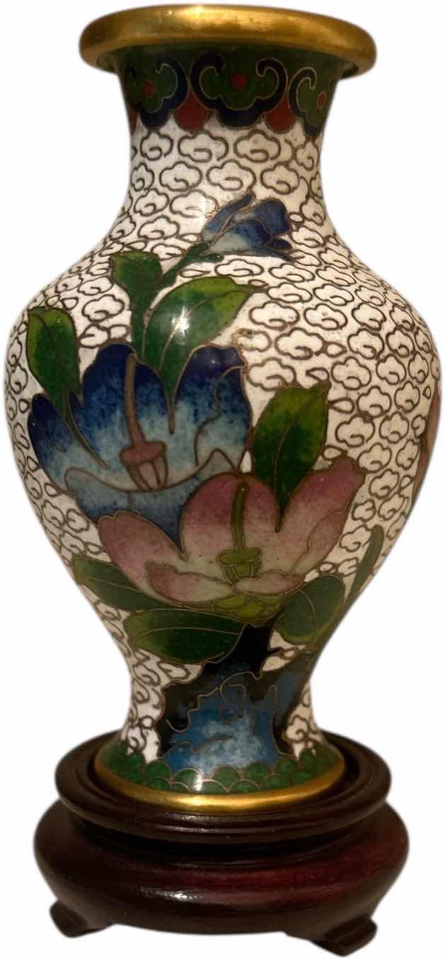 Photo 1 of MINIATURE ENAMEL OVER BRASS VASE H4” ON WOOD STAND