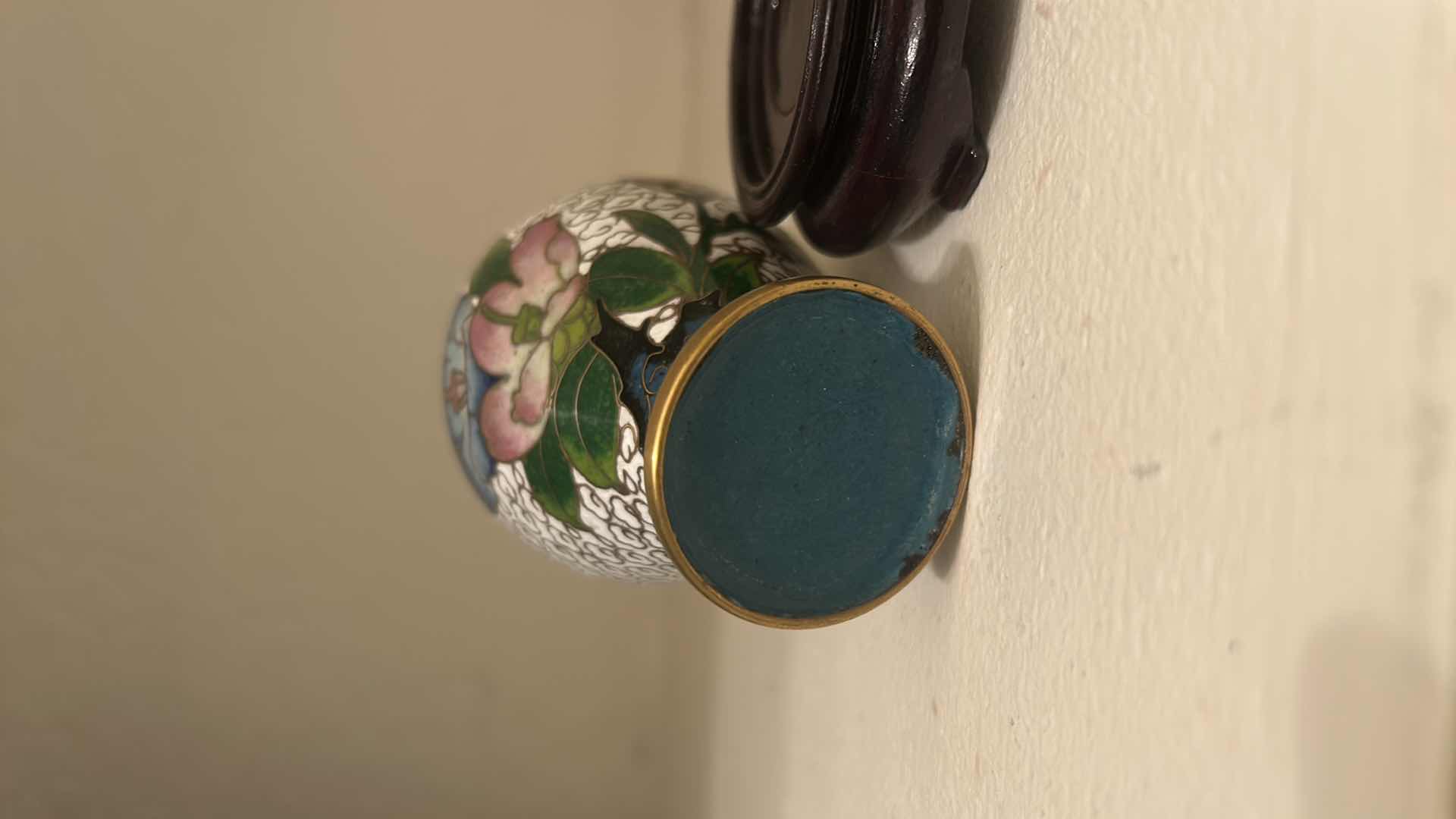Photo 1 of MINIATURE ENAMEL OVER BRASS VASE H4” ON WOOD STAND