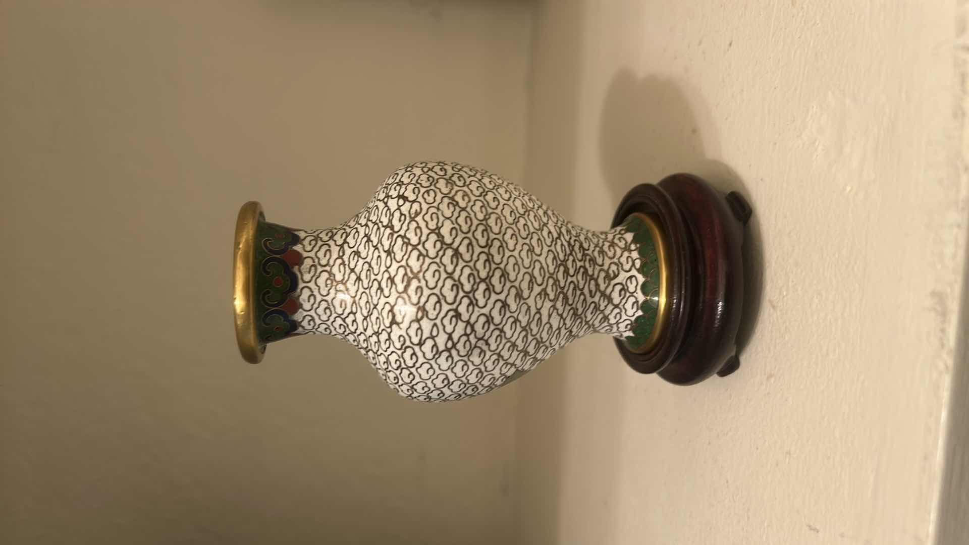 Photo 1 of MINIATURE ENAMEL OVER BRASS VASE H4” ON WOOD STAND