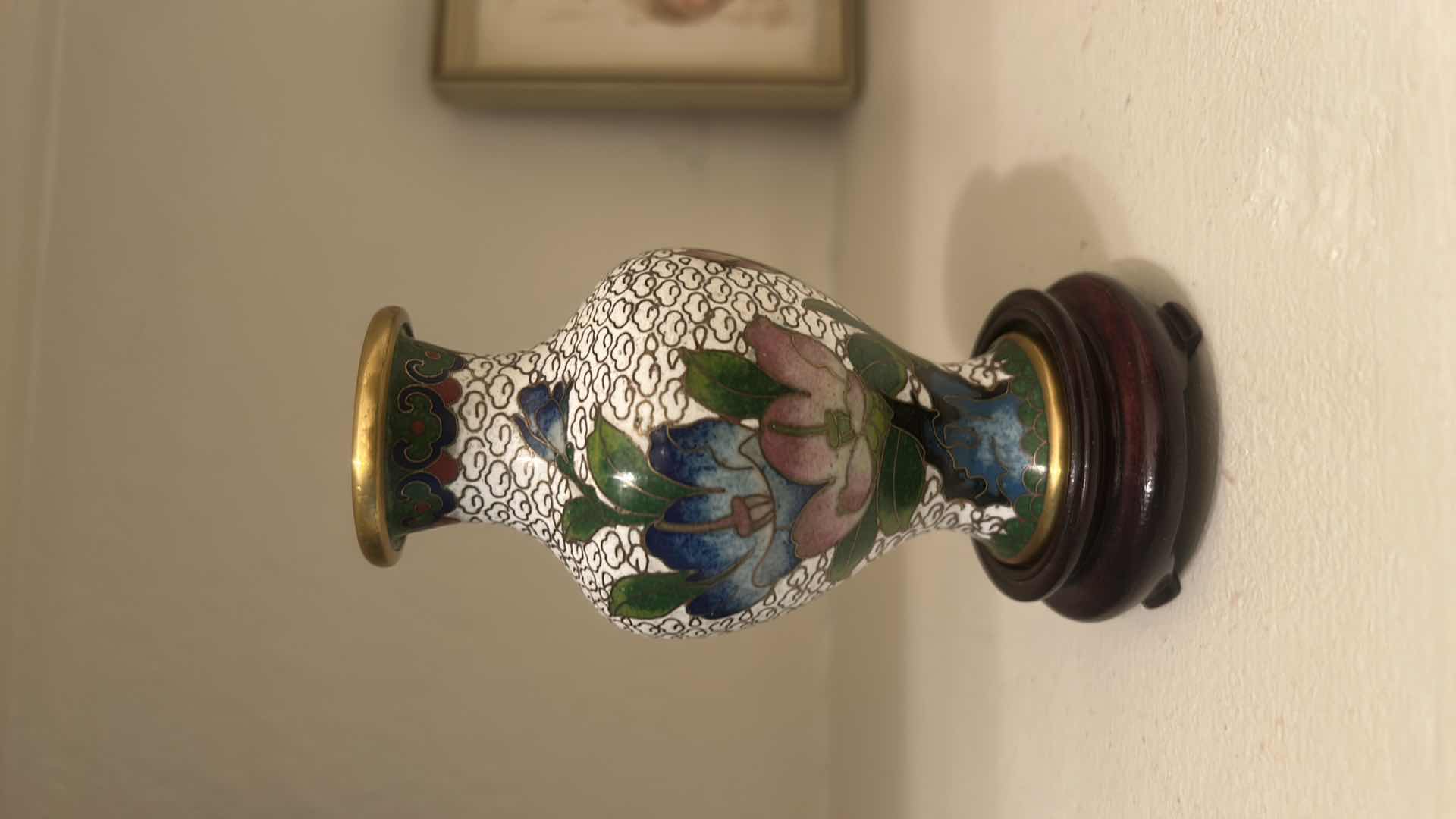 Photo 1 of MINIATURE ENAMEL OVER BRASS VASE H4” ON WOOD STAND