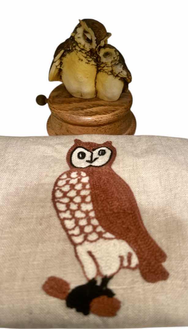 Photo 1 of VINTAGE NEEDLEPOINT OWL TEA TOWEL AND OWL MUSIC BOX