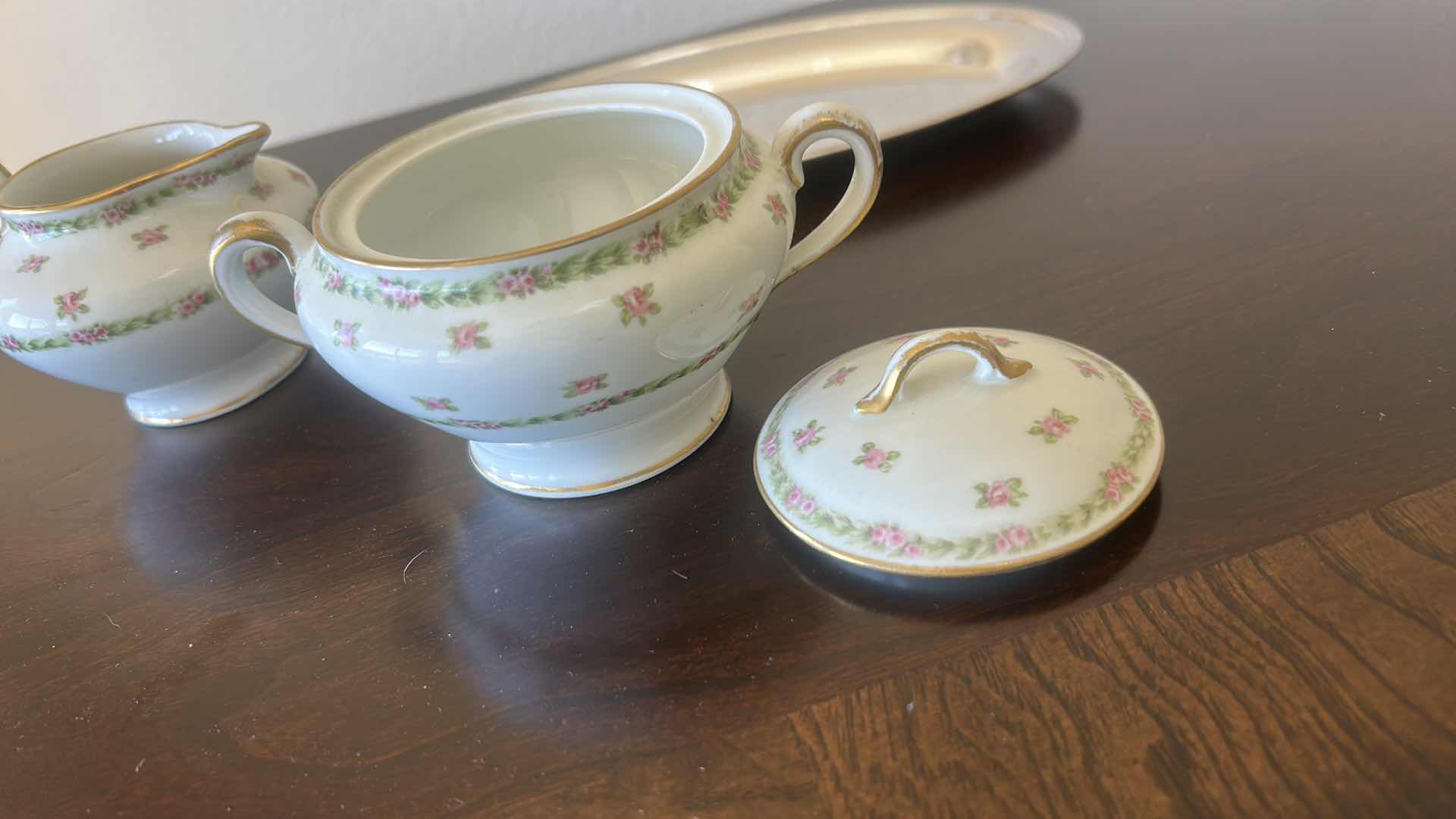 Photo 1 of ONEIDA SILVERSMITHS TRAY AND PORCELAIN LIMOGES FRANCE CREAM AND SUGAR SET