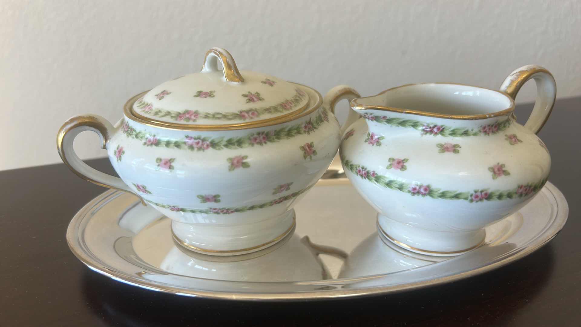 Photo 1 of ONEIDA SILVERSMITHS TRAY AND PORCELAIN LIMOGES FRANCE CREAM AND SUGAR SET