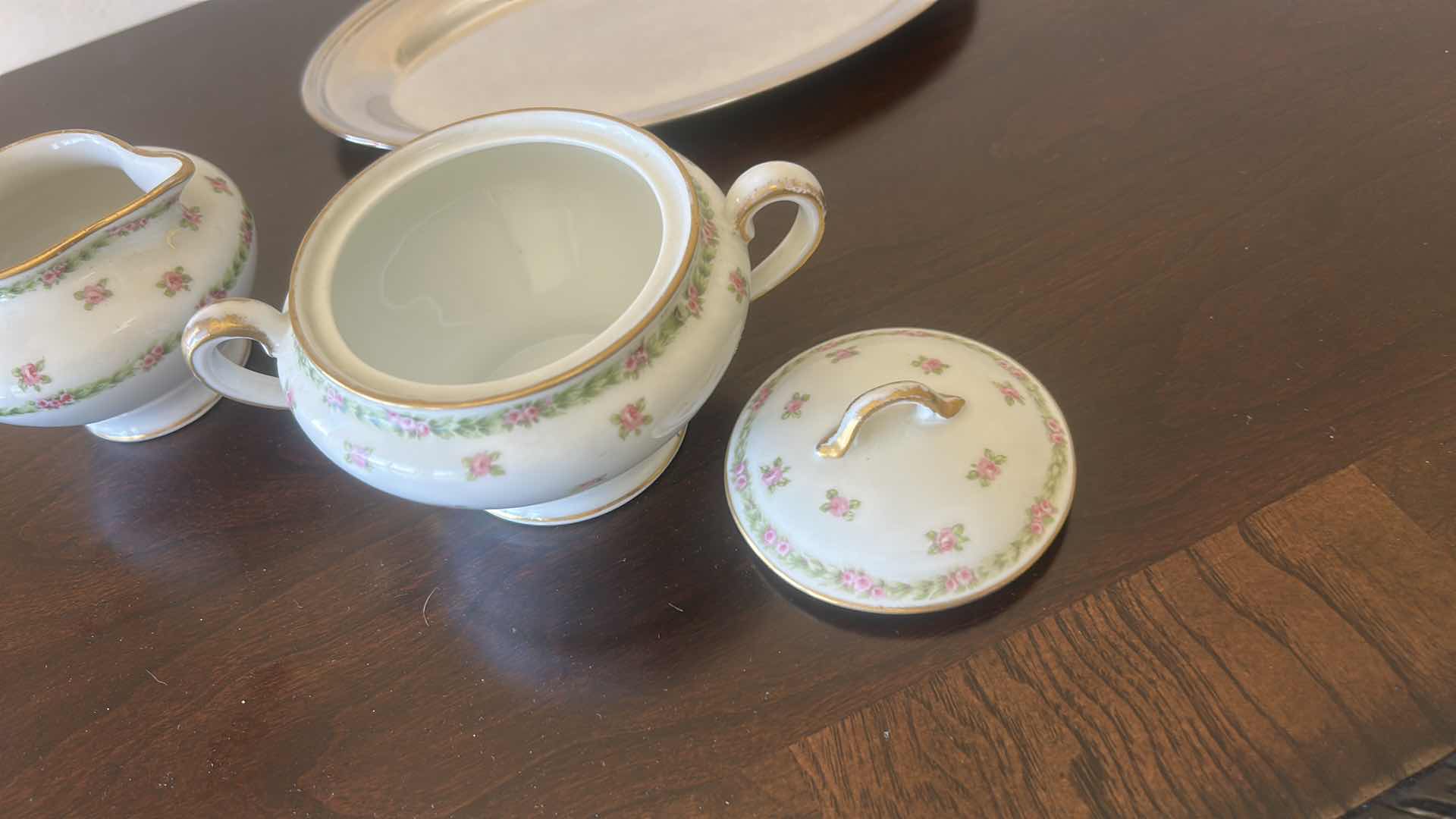 Photo 1 of ONEIDA SILVERSMITHS TRAY AND PORCELAIN LIMOGES FRANCE CREAM AND SUGAR SET