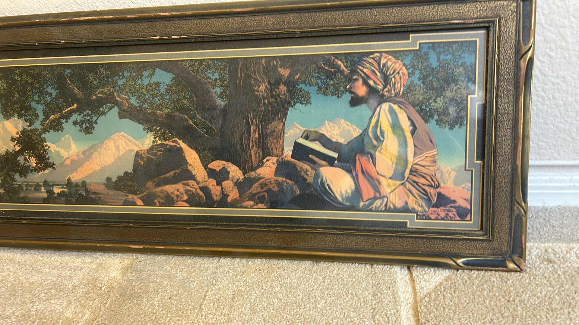 Photo 1 of VINTAGE WOOD FRAMED VOLCHROME PRINT  of Maxfield Parrish's "The Rubaiyat".  ARTWORK 33” x 11”.
