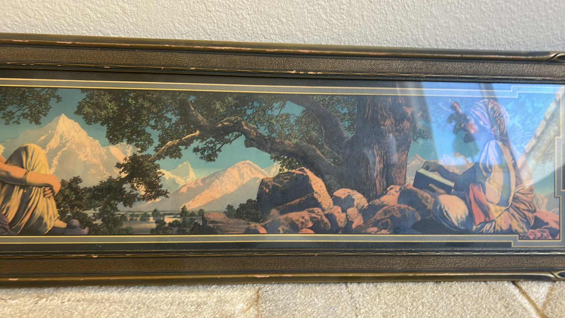 Photo 1 of VINTAGE WOOD FRAMED VOLCHROME PRINT  of Maxfield Parrish's "The Rubaiyat".  ARTWORK 33” x 11”.