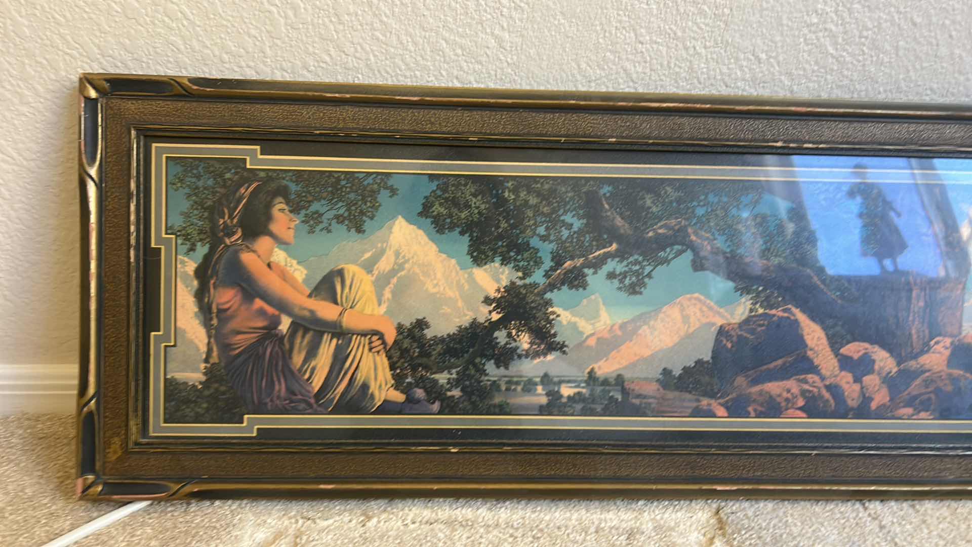 Photo 1 of VINTAGE WOOD FRAMED VOLCHROME PRINT  of Maxfield Parrish's "The Rubaiyat".  ARTWORK 33” x 11”.