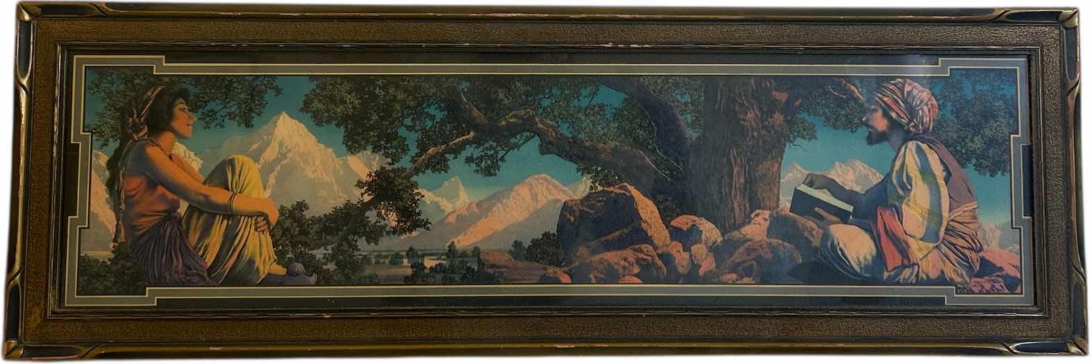 Photo 1 of VINTAGE WOOD FRAMED VOLCHROME PRINT  of Maxfield Parrish's "The Rubaiyat".  ARTWORK 33” x 11”.