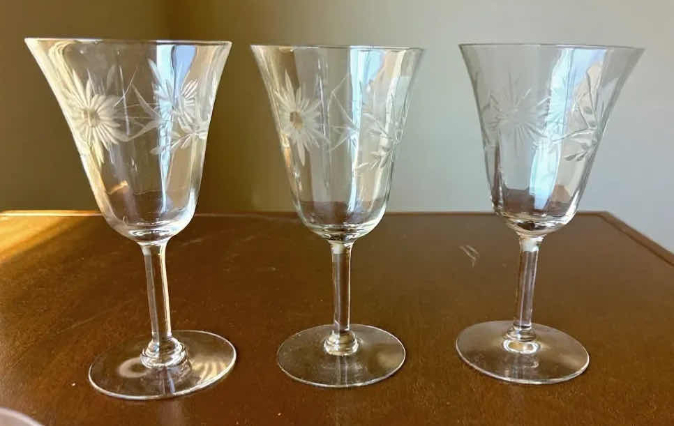 Photo 1 of 3 VINTAGE ETCHED GLASS WINE GLASSES