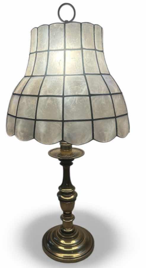 Photo 1 of BRASS LAMP WITH CAPIZ SHELL & BRASS SHADE H32”