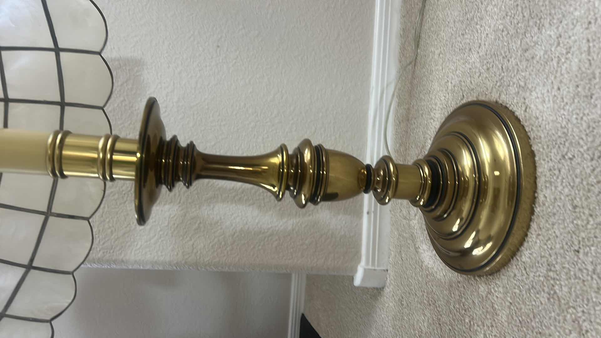 Photo 1 of BRASS LAMP WITH CAPIZ SHELL & BRASS SHADE H32”
