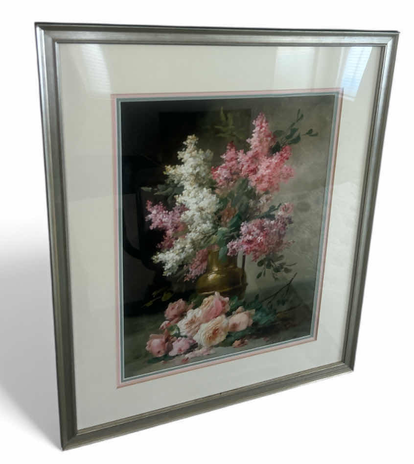 Photo 1 of SILVER FRAMED STILL LIFE FLORAL  “ROSES AND LILIES” SIGNED  ARTWORK $359 25” x H31”