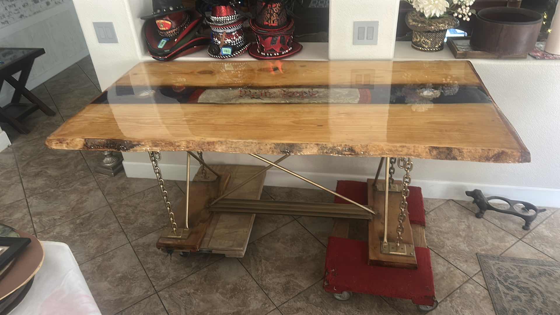 Photo 10 of CUSTOM LIVE EDGE PINE WOOD TABLE EPOXY TOP WITH CHAIN LEGS 74” x 36” x H30”