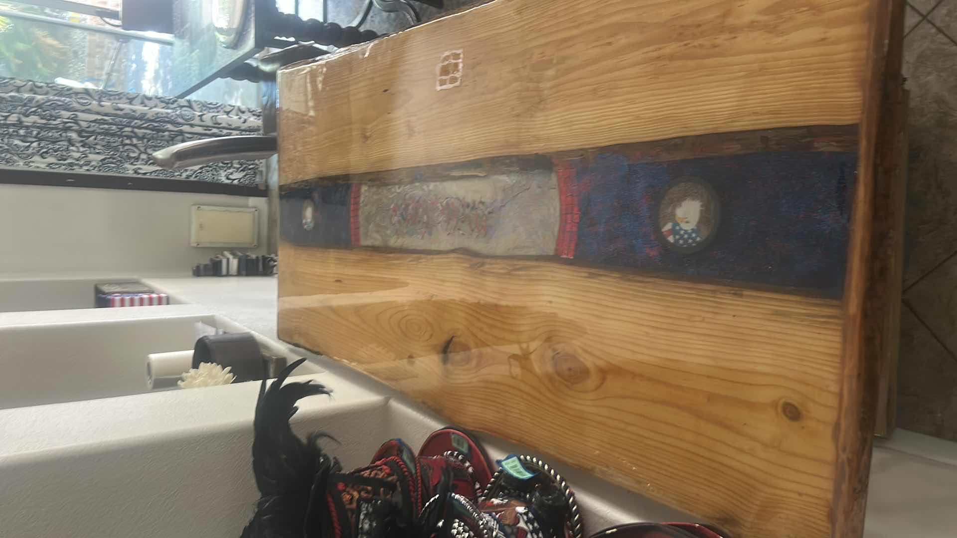 Photo 1 of CUSTOM LIVE EDGE PINE WOOD TABLE EPOXY TOP WITH CHAIN LEGS 74” x 36” x H30”