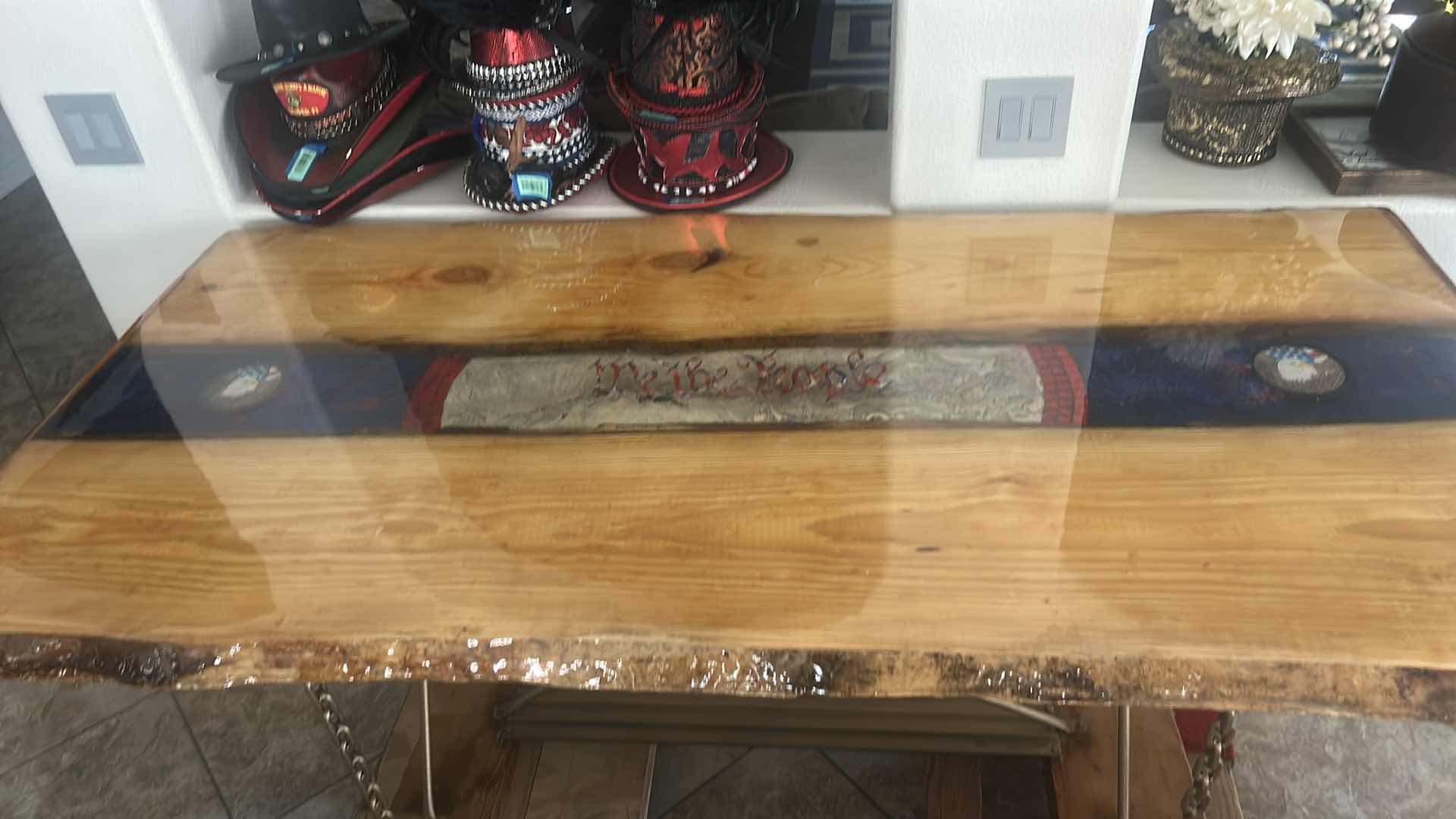 Photo 2 of CUSTOM LIVE EDGE PINE WOOD TABLE EPOXY TOP WITH CHAIN LEGS 74” x 36” x H30”