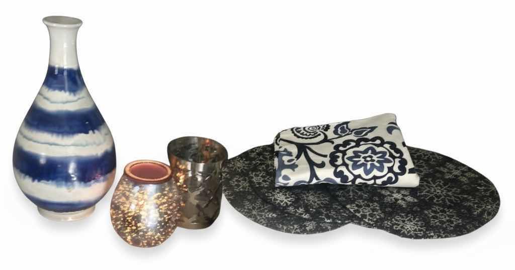 Photo 1 of HOME DECOR AND ACCESSORIES- BLUE AND WHITE VASE, WAX MELT, CANDLE HOLDER, 4 PLACEMATS AND TABLE CLOTH