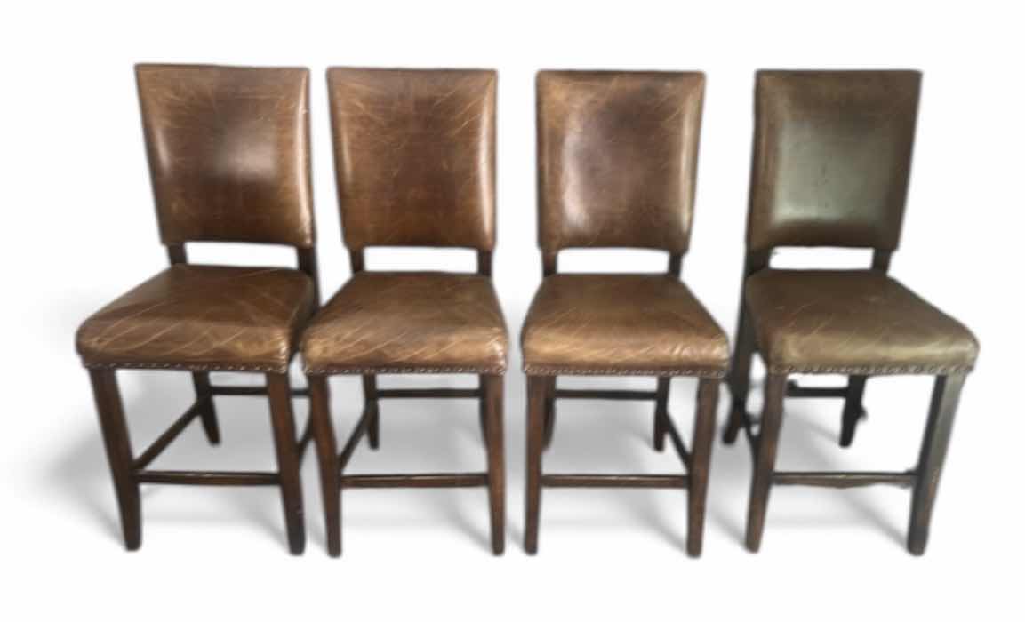 Photo 1 of 4 VINTAGE LEATHER AND WOOD BAR HEIGHT CHAIRS SEAT H 25.5” TOTAL H 43.5”