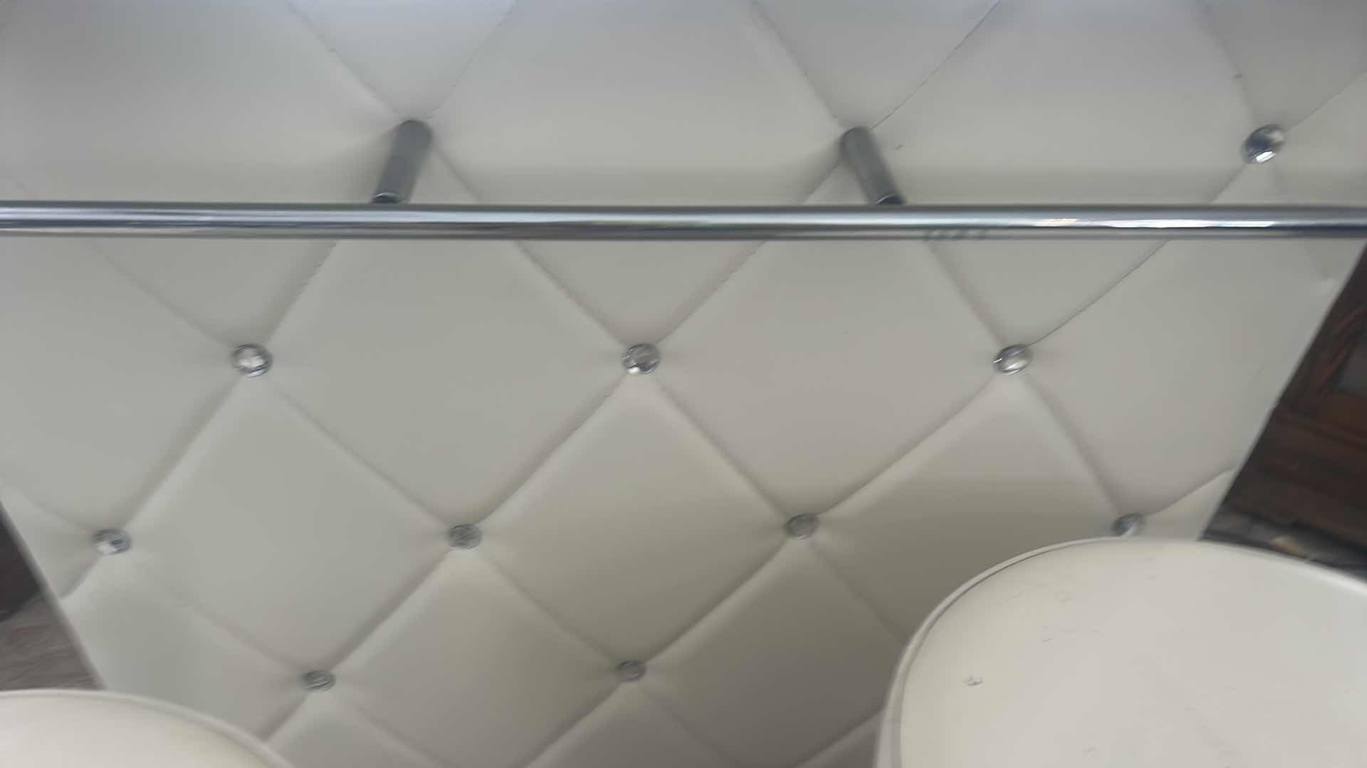 Photo 9 of FURNITURE OF AMERICA FUERO WHITE BAR TABLE WITH BUTTON TUFTING AND FAUX LEATHER UPHOLSTERY 47 1/4“ x 19 1/2“ x 42“ WITH 2 SWIVEL STOOLS. H29.25” $800