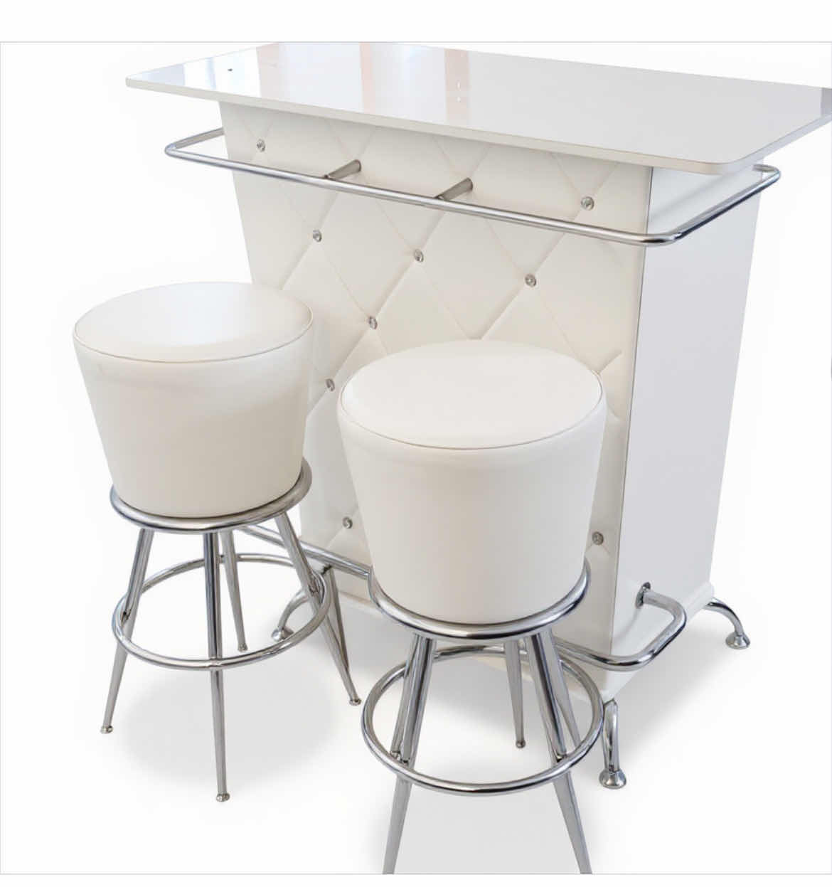 Photo 1 of FURNITURE OF AMERICA FUERO WHITE BAR TABLE WITH BUTTON TUFTING AND FAUX LEATHER UPHOLSTERY 47 1/4“ x 19 1/2“ x 42“ WITH 2 SWIVEL STOOLS. H29.25” $800