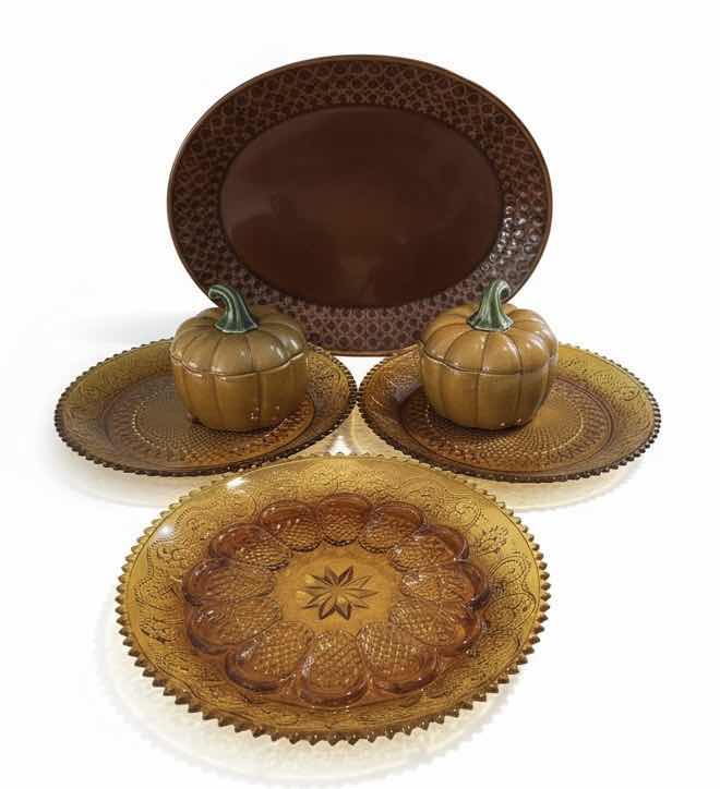 Photo 1 of AMBER GlASS PLATES, CERAMIC PUMPKINS AND DEEP BROWN/ AMBER CERAMIC PLATTER