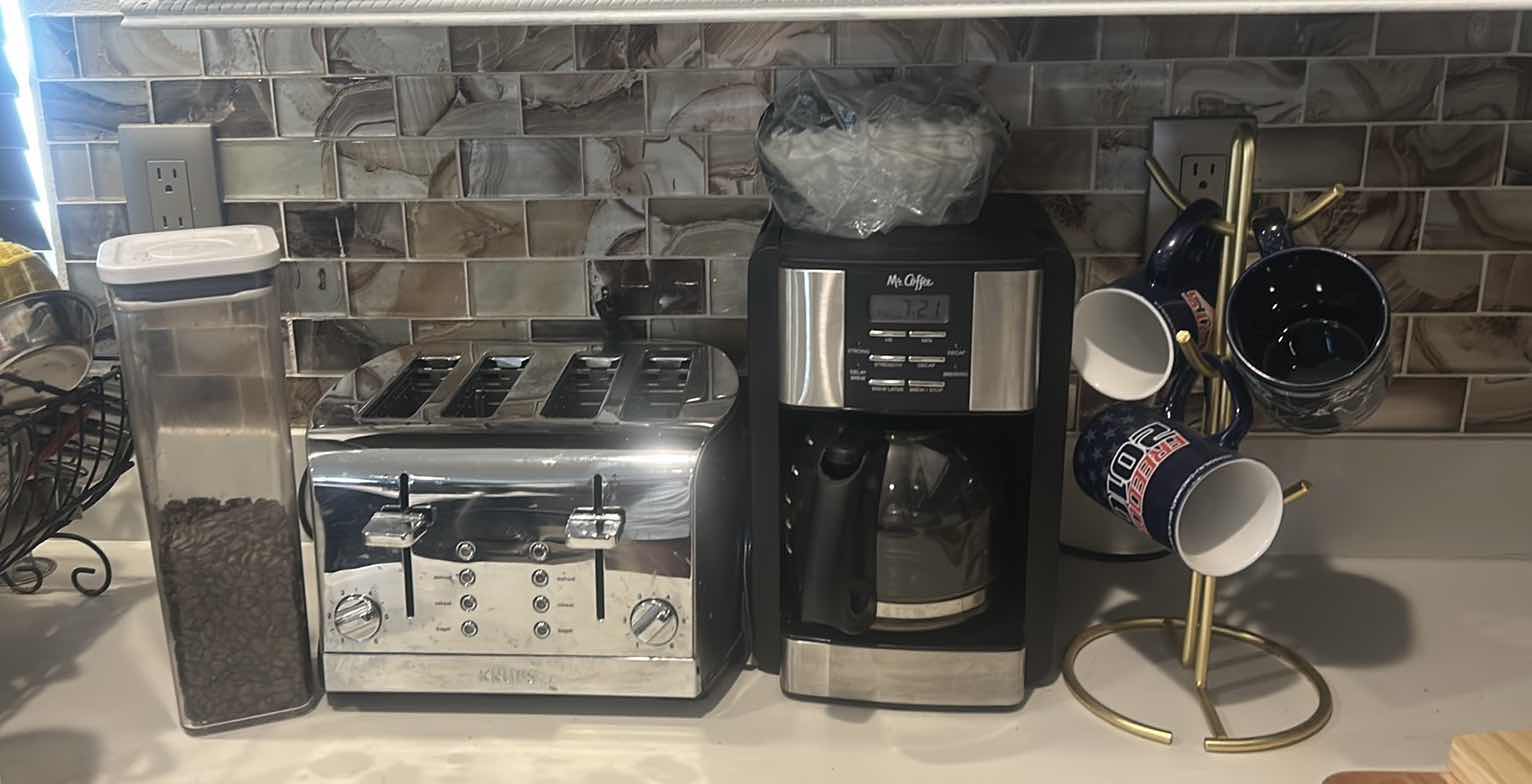 Photo 1 of KRUPS TOASTER, MR COFFEE MAKER, COFFEE MUGS WITH STAND AND COFFEE BEANS