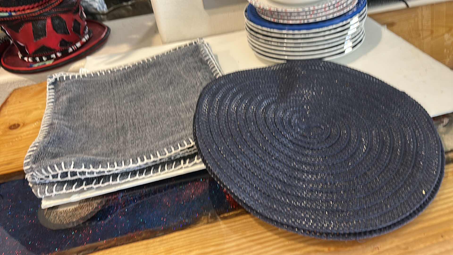 Photo 1 of PLACEMATS, BLUE AND WHITE PLATES, BOWLS AND ACRYLIC STAR