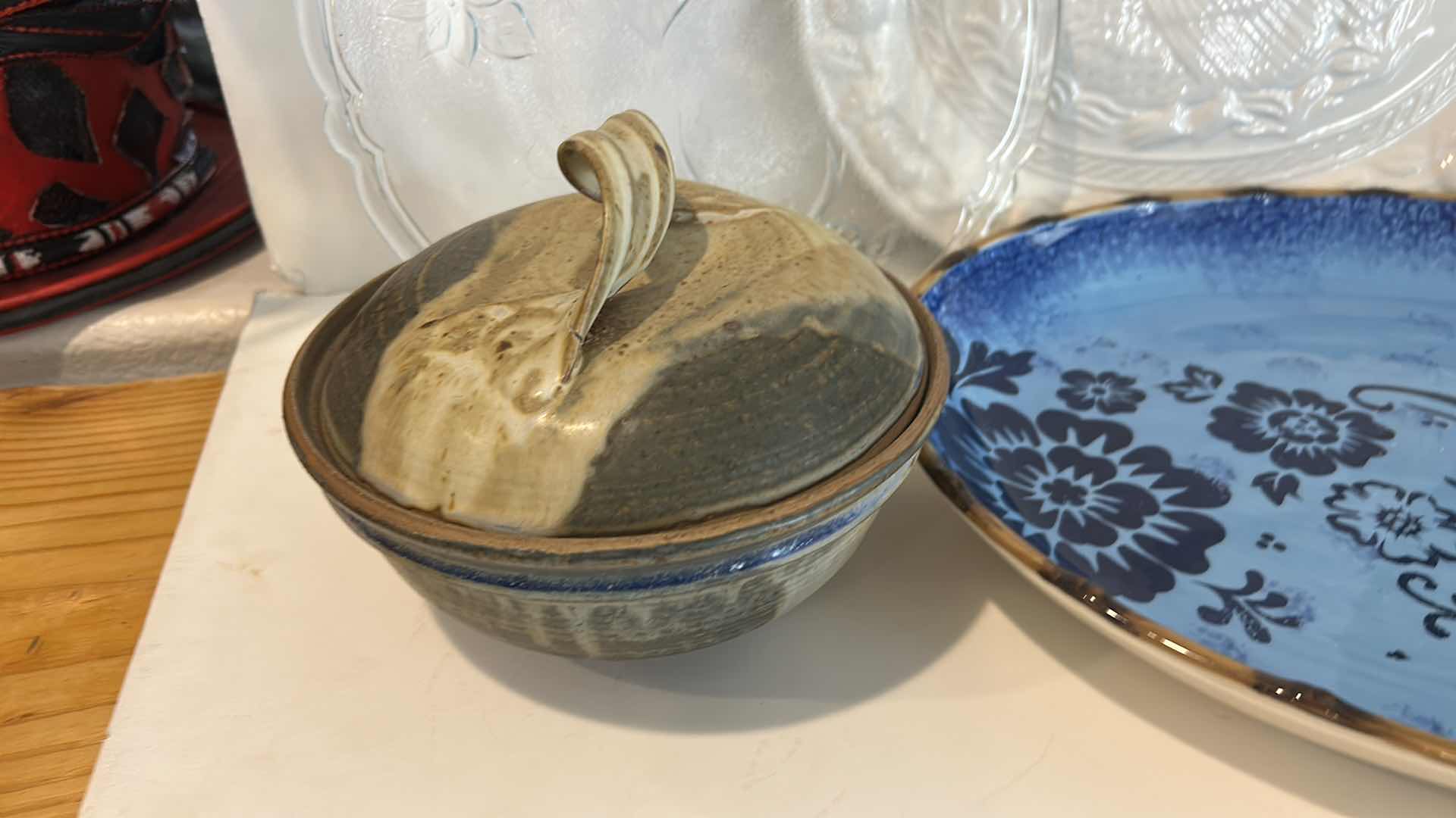 Photo 1 of 3 PLATTERS AND SIGNED POTTERY  ( BLUE PLATTER 18 1/4“ x 14.75”)
