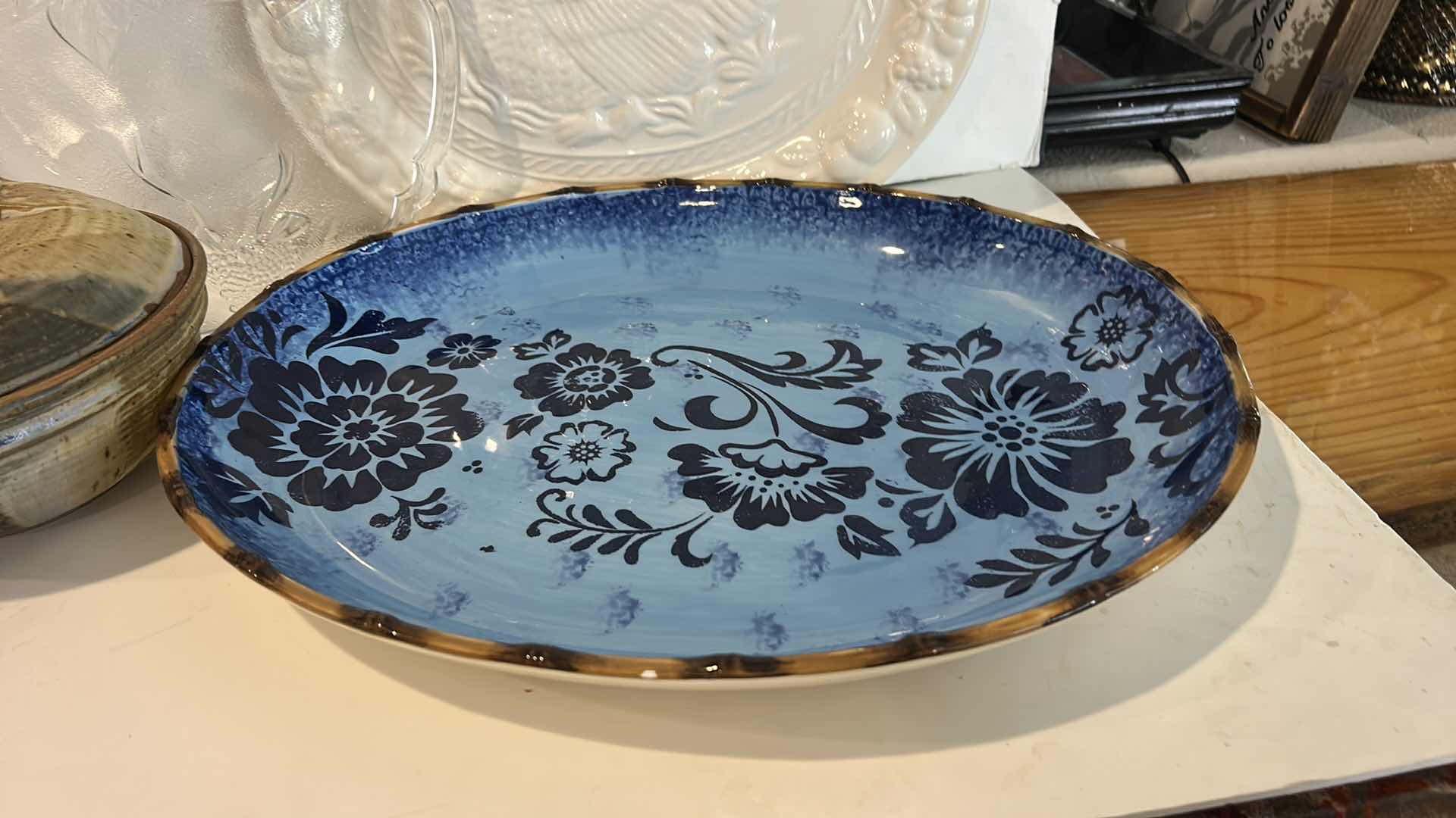 Photo 1 of 3 PLATTERS AND SIGNED POTTERY  ( BLUE PLATTER 18 1/4“ x 14.75”)
