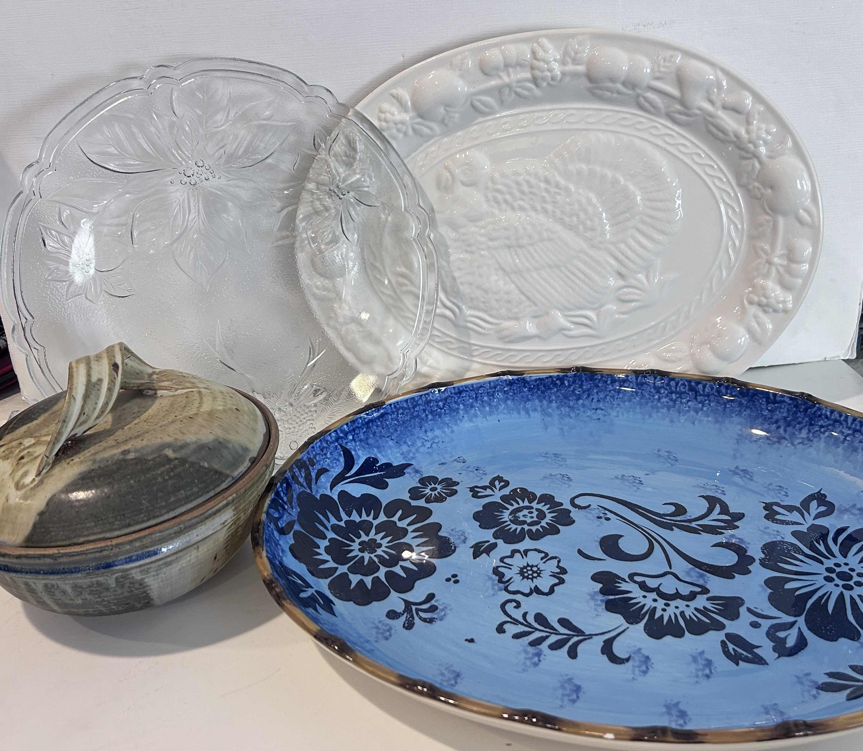 Photo 1 of 3 PLATTERS AND SIGNED POTTERY  ( BLUE PLATTER 18 1/4“ x 14.75”)