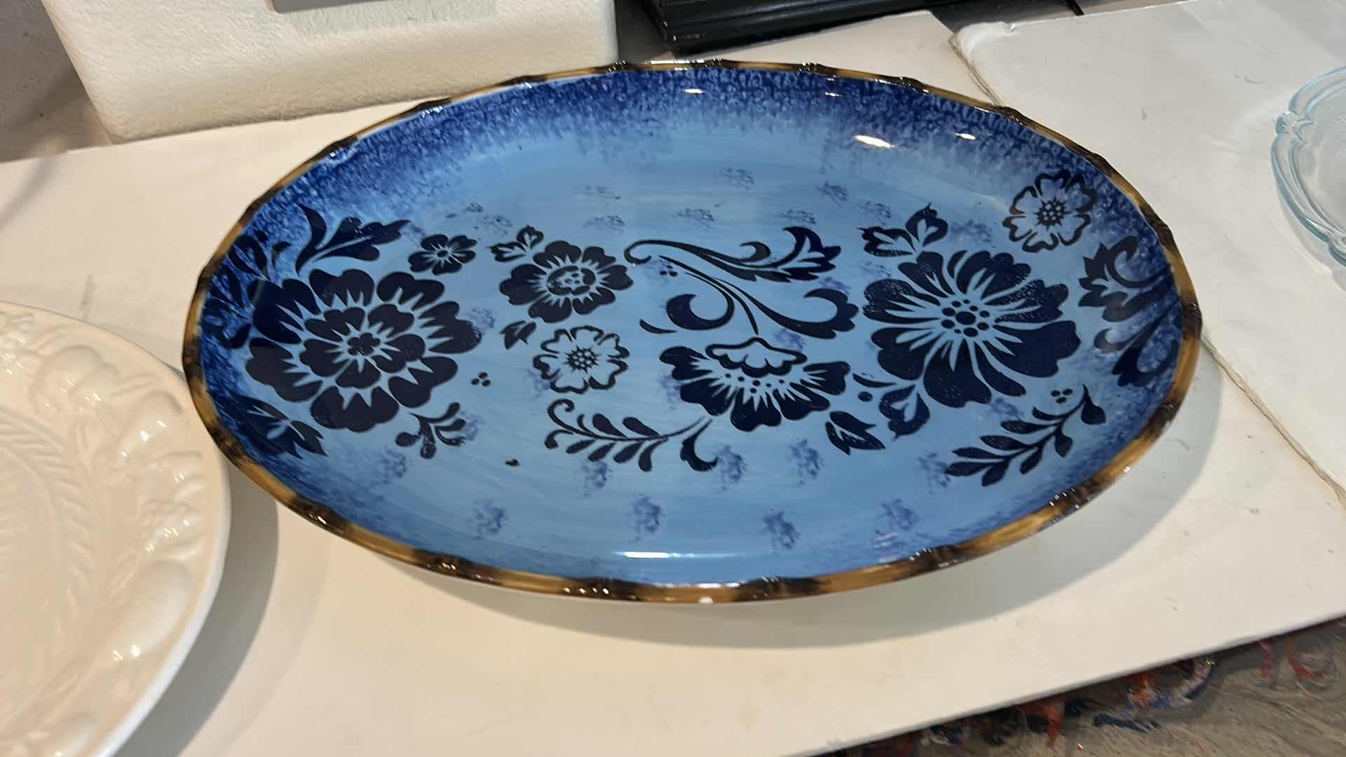 Photo 1 of 3 PLATTERS AND SIGNED POTTERY  ( BLUE PLATTER 18 1/4“ x 14.75”)