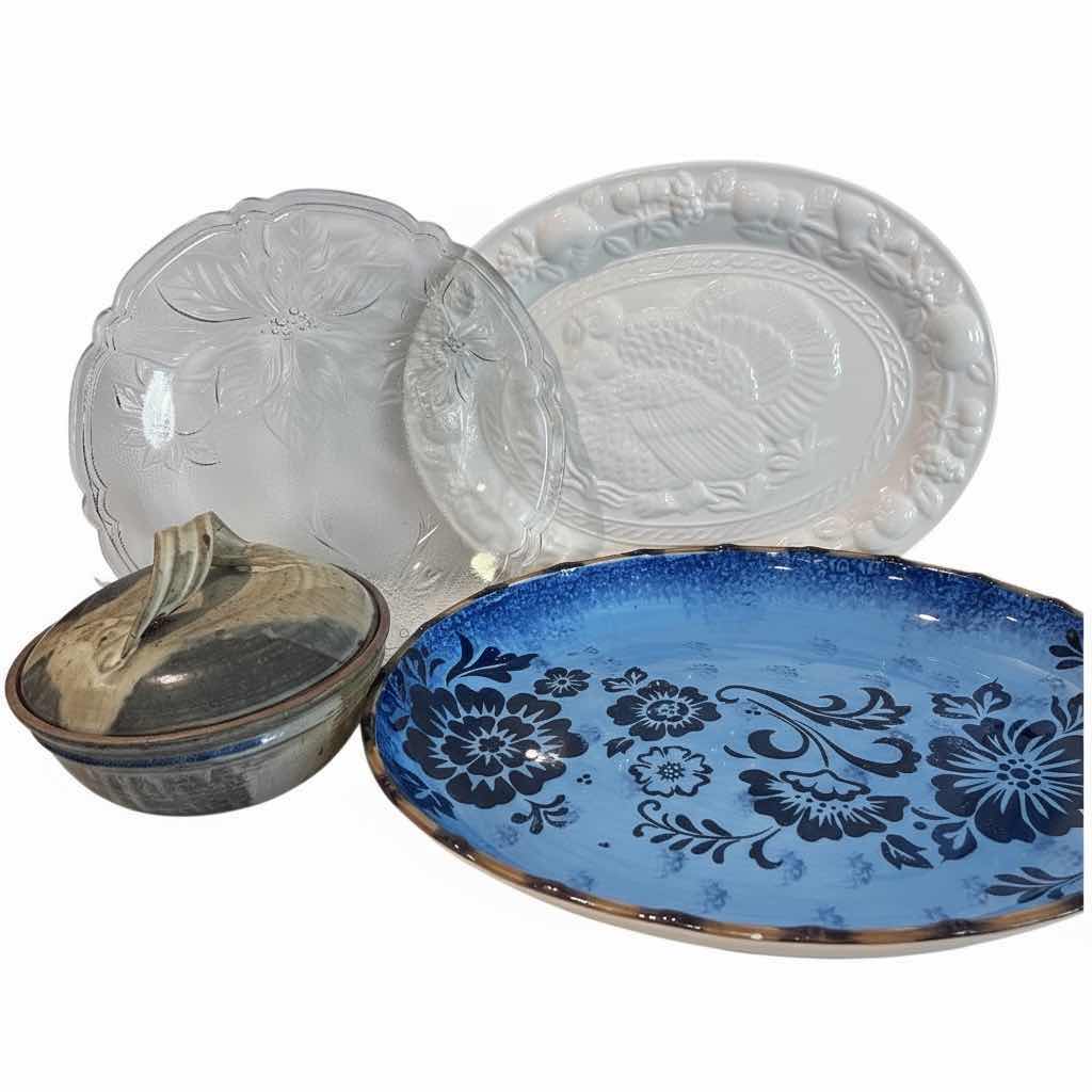 Photo 1 of 3 PLATTERS AND SIGNED POTTERY  ( BLUE PLATTER 18 1/4“ x 14.75”)