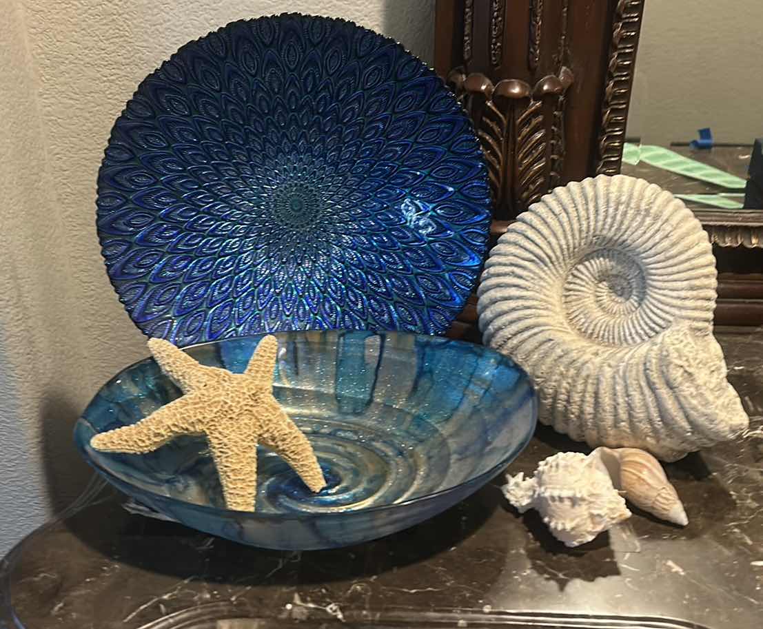 Photo 1 of OCEAN THEMED DECOR - GLASS BOWLS (ROUND 12.5”) SHELL FOSSIL STATUE, SHELLS, STARFISH
