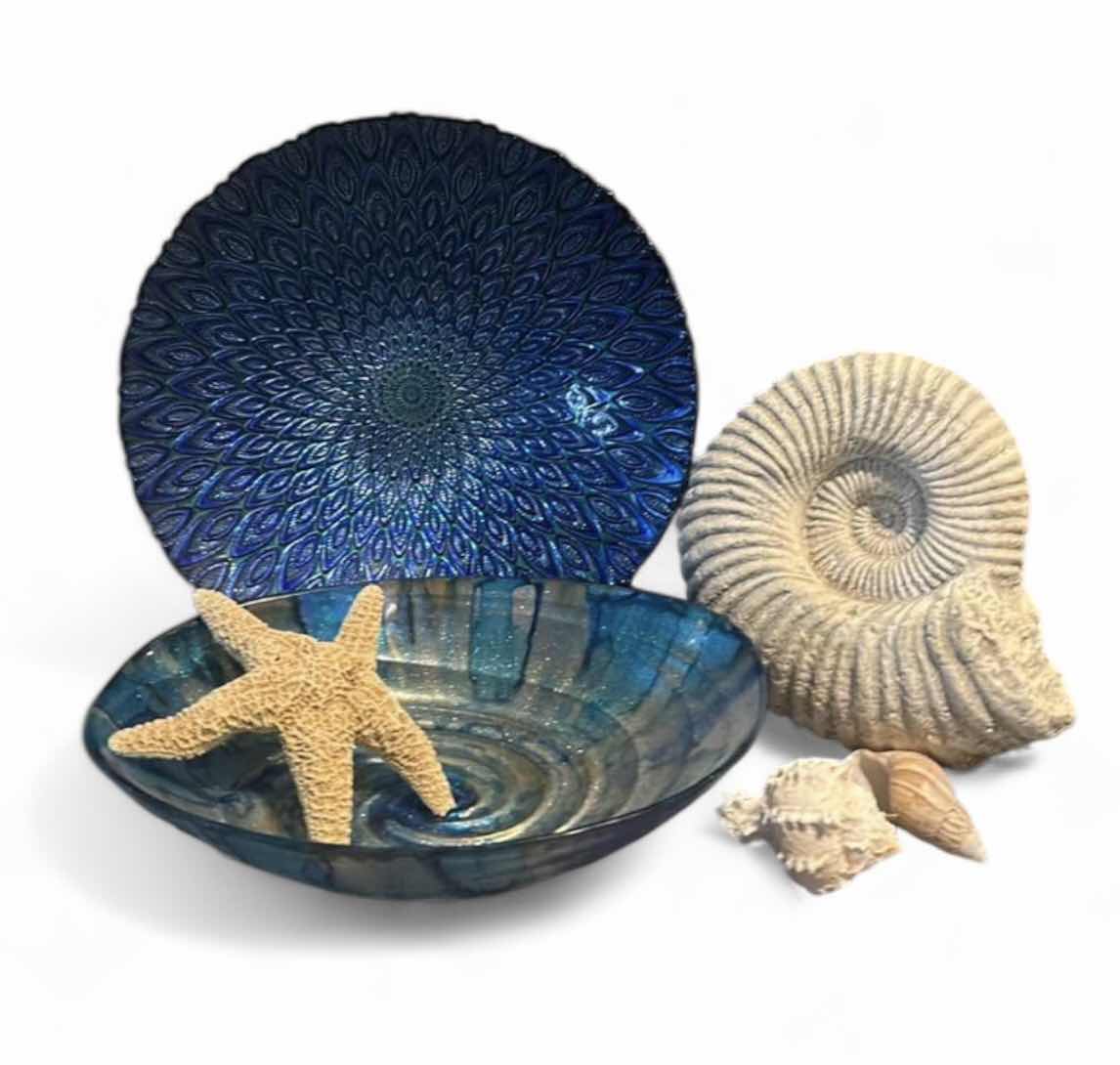 Photo 1 of OCEAN THEMED DECOR - GLASS BOWLS (ROUND 12.5”) SHELL FOSSIL STATUE, SHELLS, STARFISH