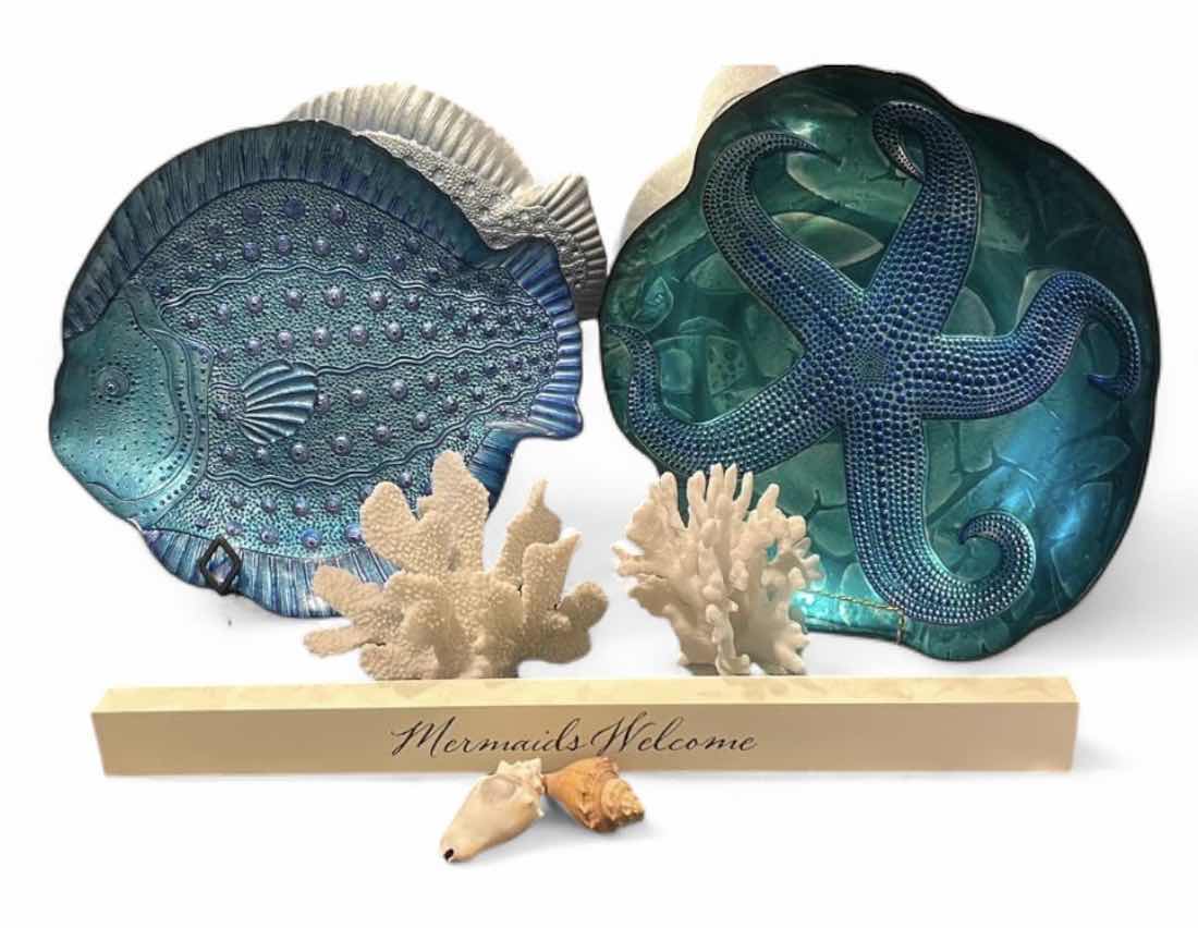 Photo 1 of OCEAN THEMED DECOR GLASS PLATES/BOWLS (FISH 15.25”) CORAL, SHELLS AND WOOD MERMAID SIGN